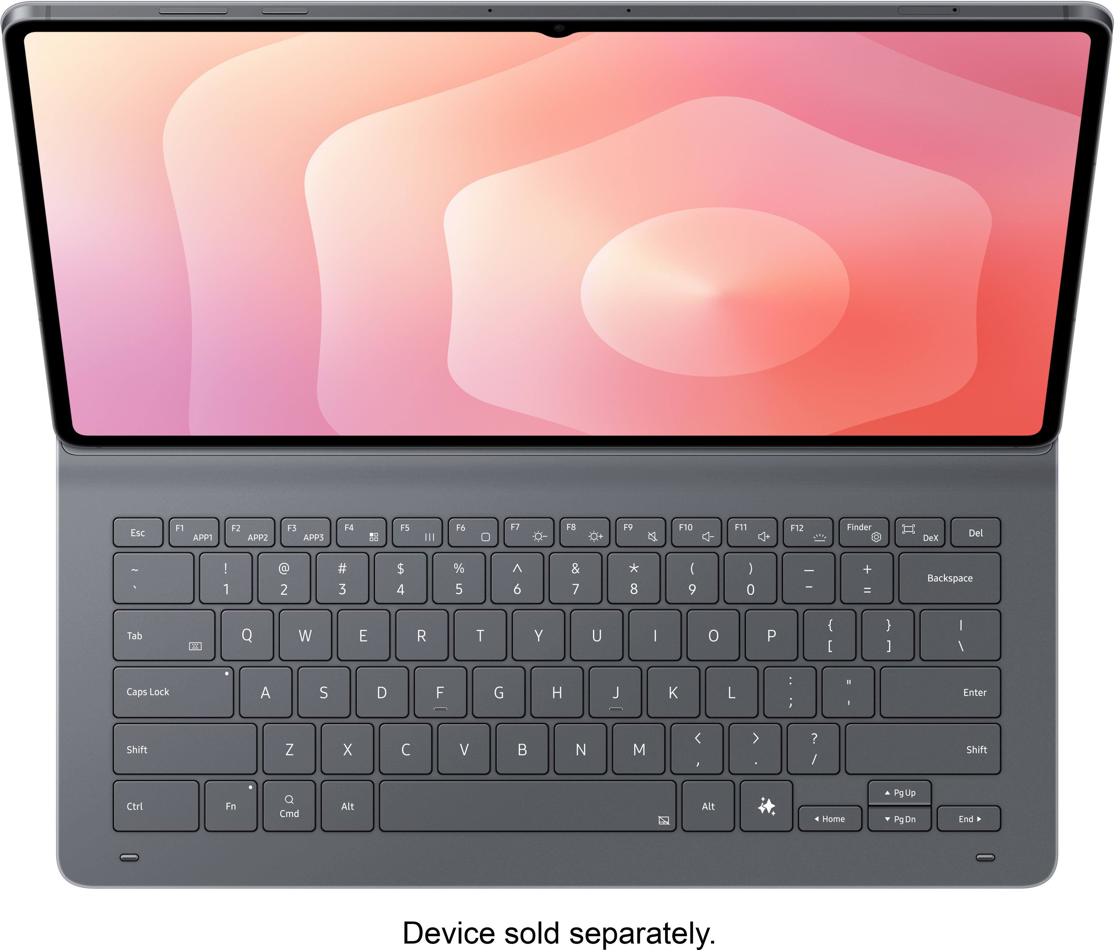 Esc F1 APP F2 P F3 APPS 14 FS III F6 - 7 Fa 1 F10 F31 F12 Finder Dex Del : . ! 1 e 2 # 3 $ 4 % 5 A 6 & 7 * B ( 9 I 0 - + = Backspace Tab Q W E R T Y U I O P { } | Enter Shift Z X C V B N M , > ? / Shift Ctrl Fn Q Cmd Alt DN Alt Home Pg Up Pg Dn End Device sold separately.