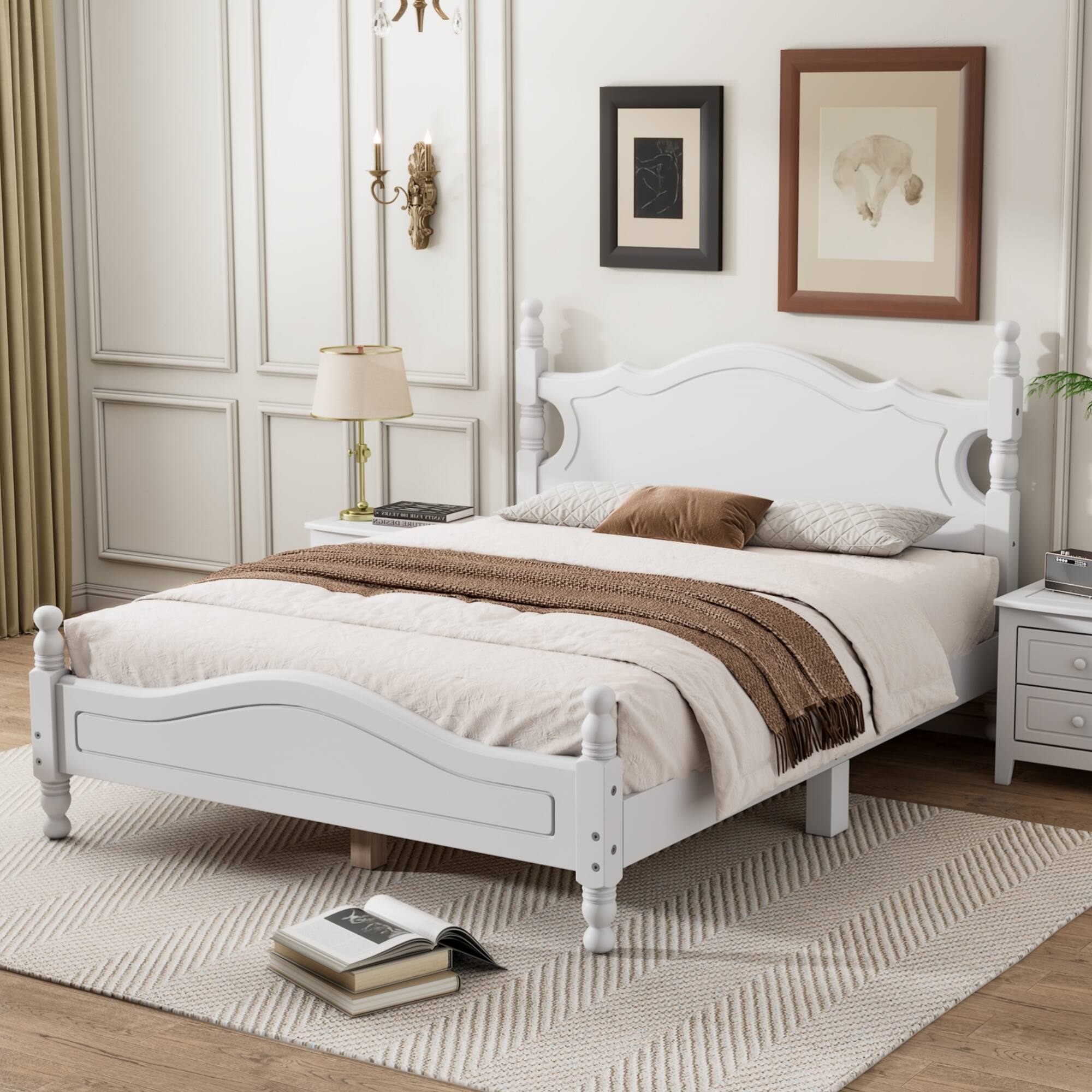 Angle. GOODSILO - Full Size Retro Wood Platform Bed Frame with Wooden Slat Support and Elegant Headboard - White.