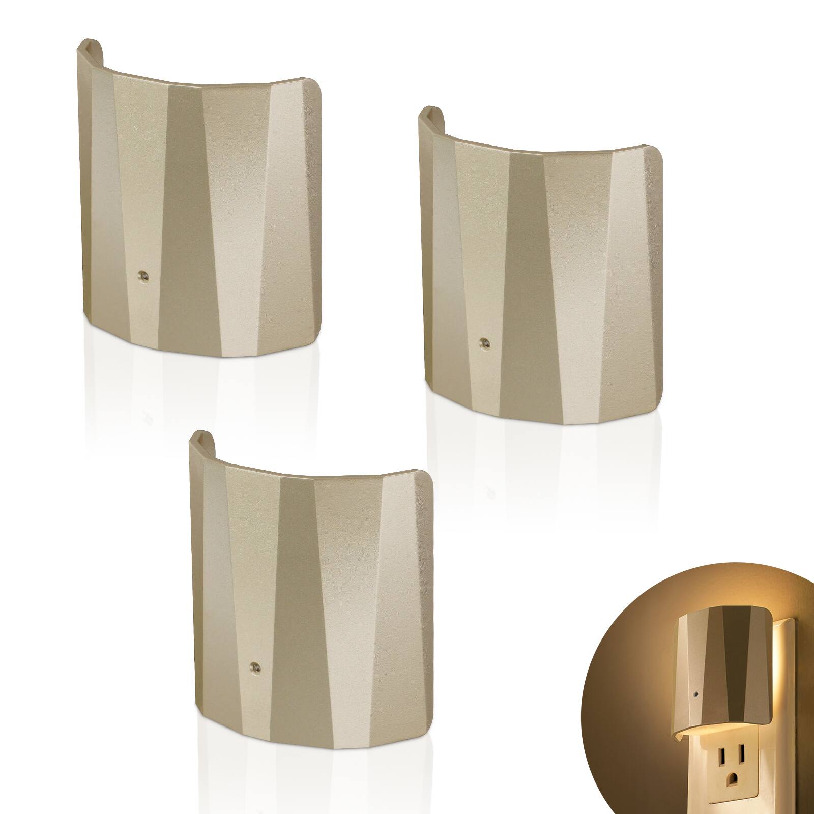 Front. Dawnrise - Backlit Night Lights with Light Sensor, Champagne Finish (3-Pack).