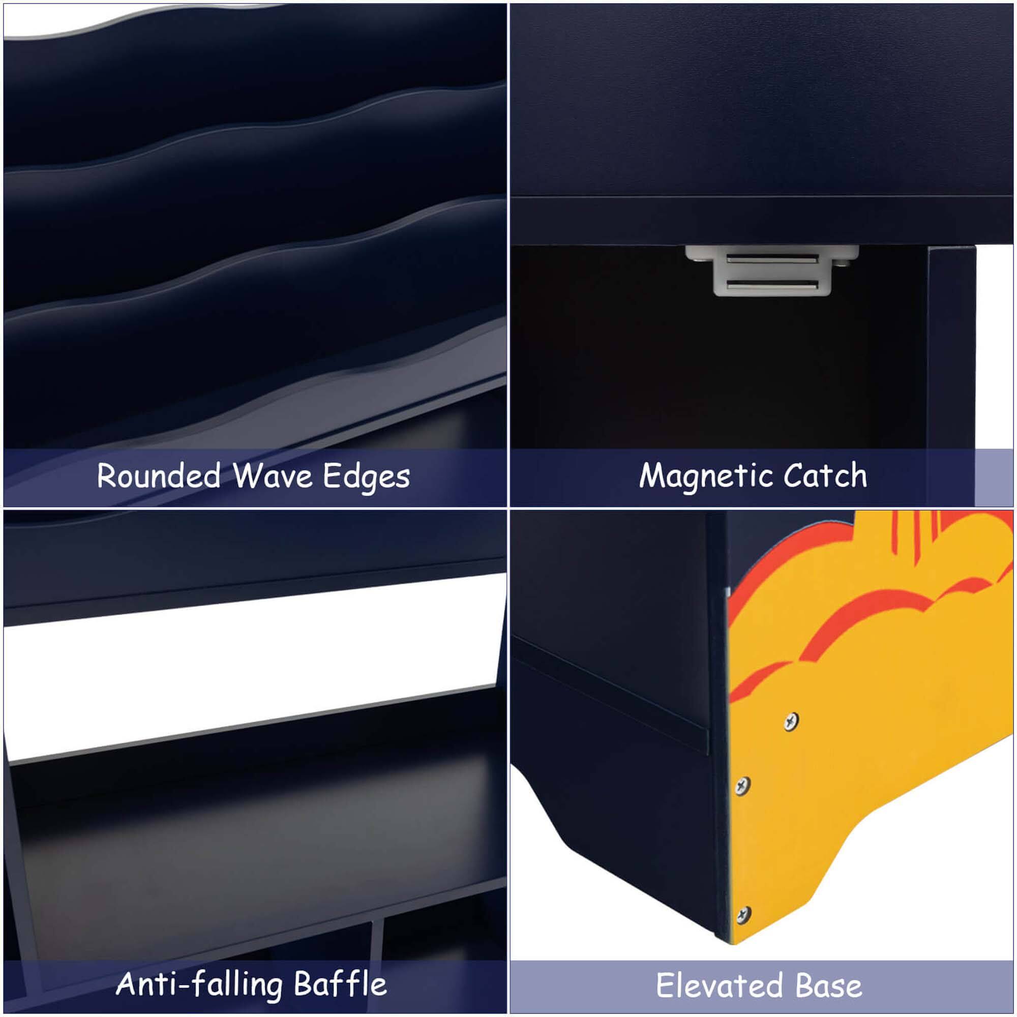 - Rounded Wave Edges
- Magnetic Catch
- Anti-falling Baffle
- Elevated Base