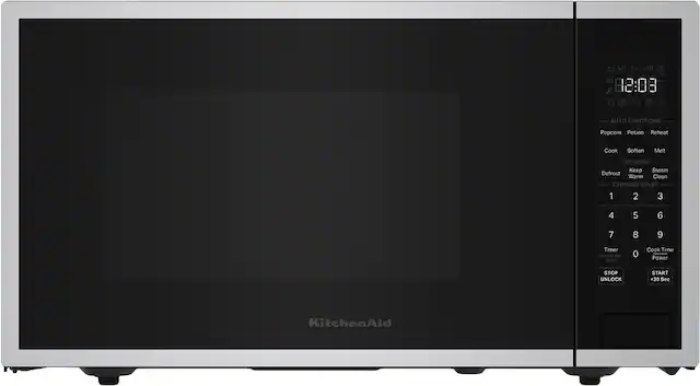 Sure, here is the corrected and grouped text from the image:
---
**AUTO FUNCTIONS**
- Popcorn
- Potato
- Reheat
- Cook
- Soften
- Melt
**OPTIONS**
- Keep
- Steam
- Defrost
- Warm
- Clean
**EXPRESS START**
1 2 3 4 5 6 7 8 9
**Timer**
Hold 2 Set Clock 0
**Cook Time Power**
STOP UNLOCK START +30 Sec
---
**KitchenAid**