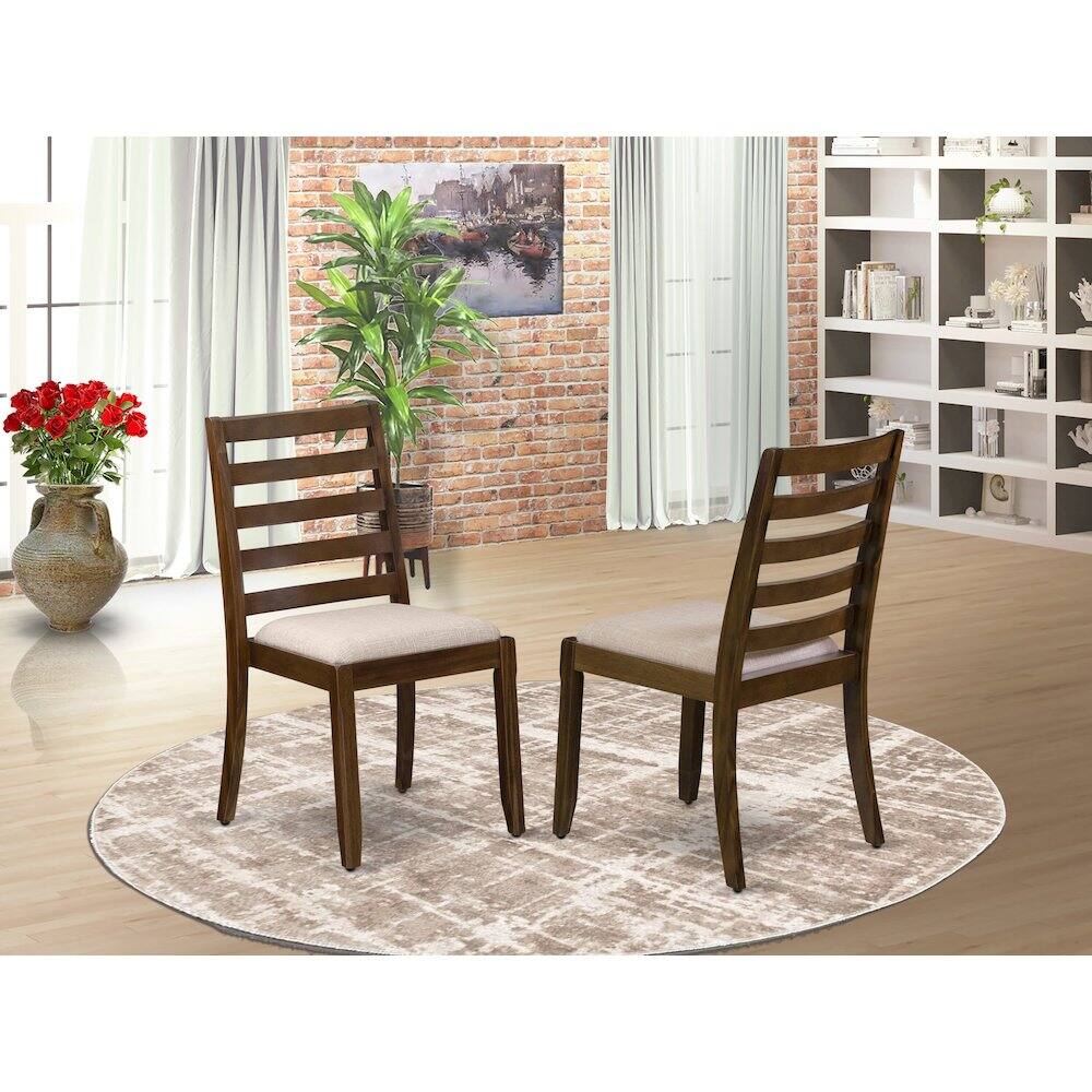 Angle. Luxe - Dining Room Chair with Light Tan Linen Fabric and upholstered back - Antique Walnut.