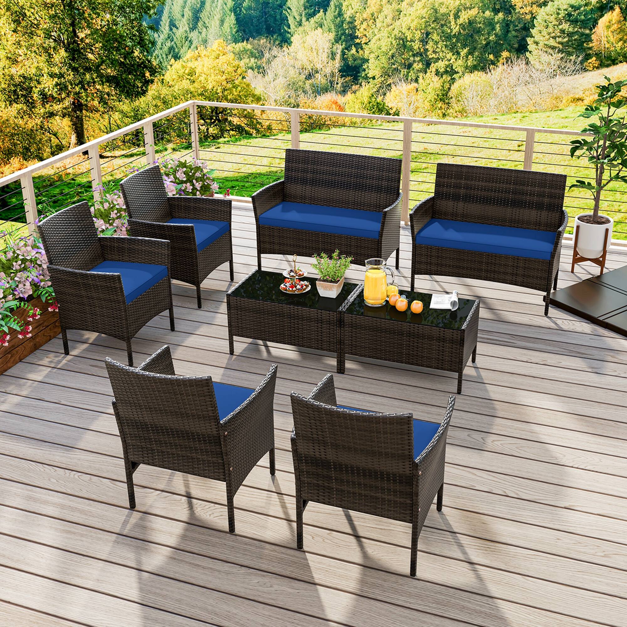 Alt View 3. Costway - 8 PCS Patio Furniture Set with Washable Cushions and Tempered Glass Coffee Table - Mix Brown + Navy.
