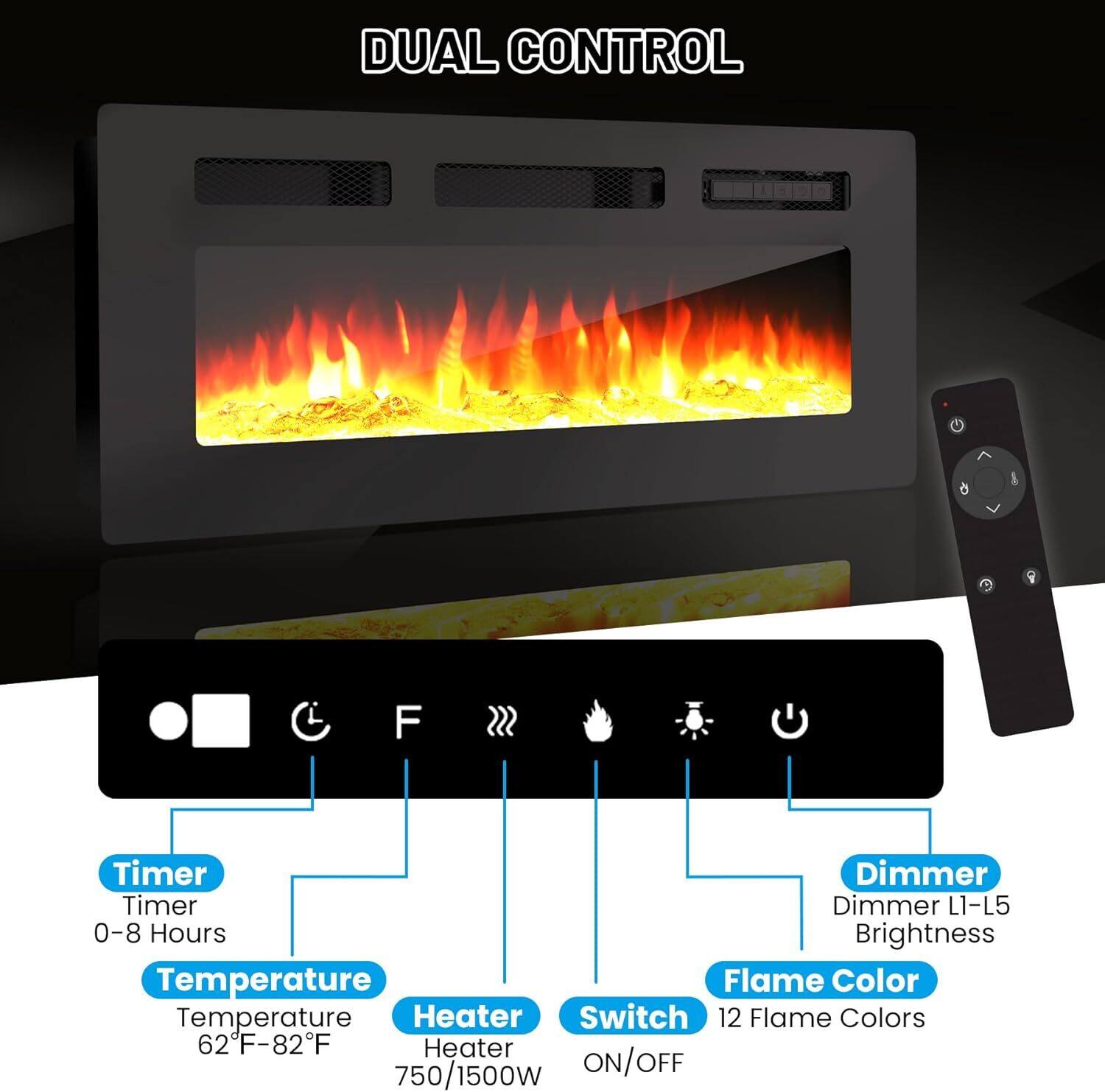 DUAL CONTROL

- Timer: 0-8 Hours
- Temperature: 62°F-82°F
- Heater: 750/1500W
- Switch: ON/OFF
- Dimmer: L1-L5 Brightness
- Flame Color: 12 Flame Colors