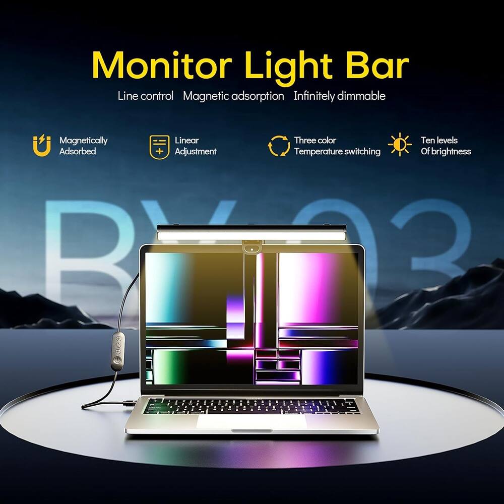 Monitor Light Bar  
Line control | Magnetic adsorption | Infinitely dimmable  

- Magnetically Adsorbed  
- Linear Adjustment  
- Three color Temperature switching  
- Ten levels Of brightness