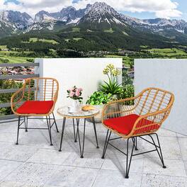 Gymax - 3PCS Rattan Patio Bistro Set Conversation Furniture Set w/ Cushions - Red