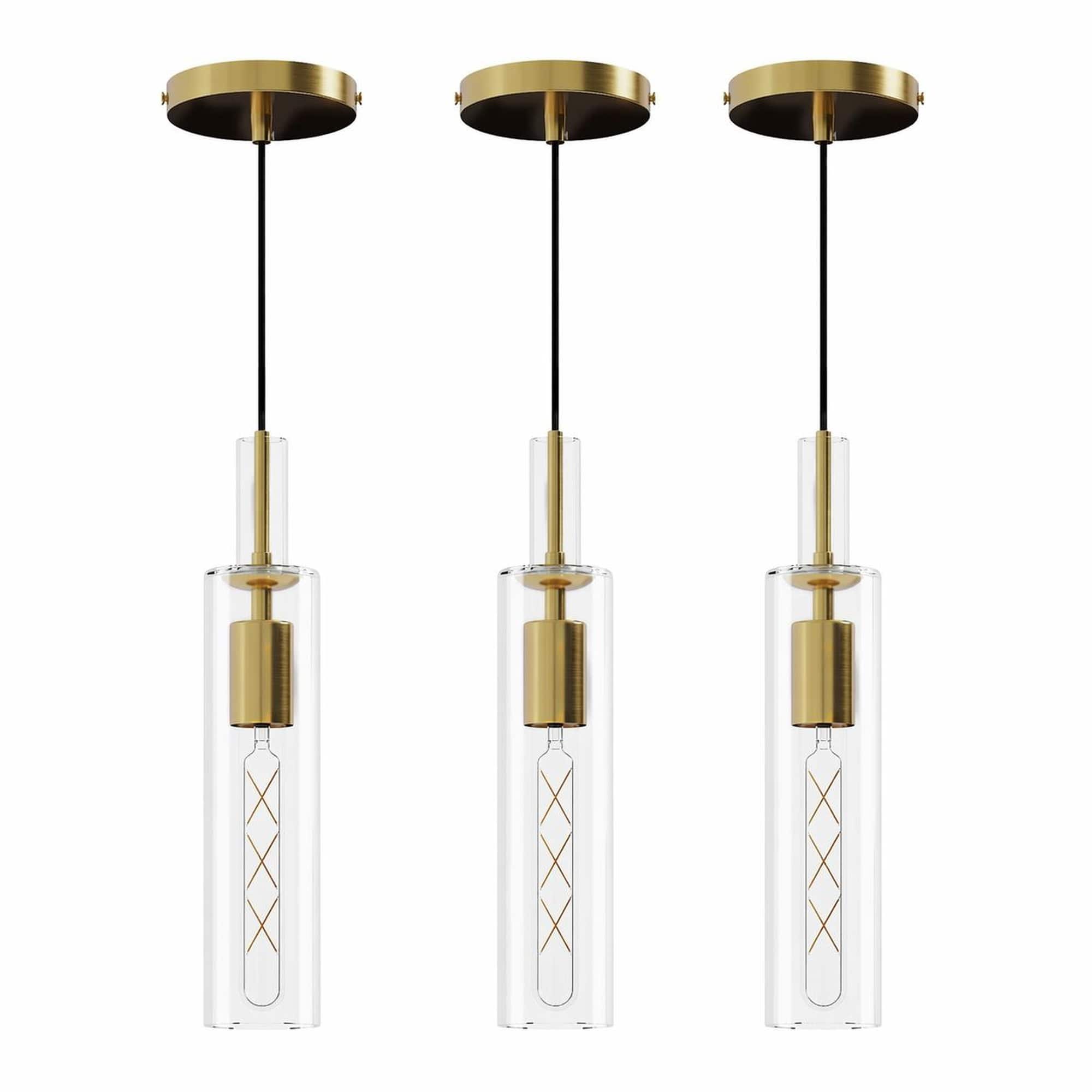 Front. RYHNUYNE - Set of 3 Gold Pendant Lights with Clear Ribbed Glass Shades, Adjustable Ceiling Hanging Lamps for Kitchen Island.