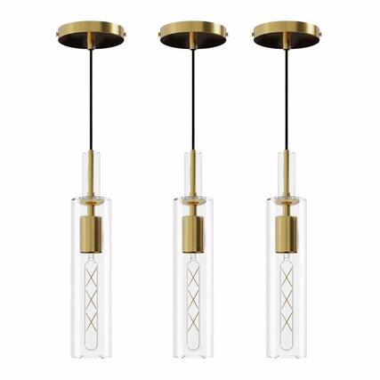 Front. RYHNUYNE - Set of 3 Gold Pendant Lights with Clear Ribbed Glass Shades, Adjustable Ceiling Hanging Lamps for Kitchen Island.
