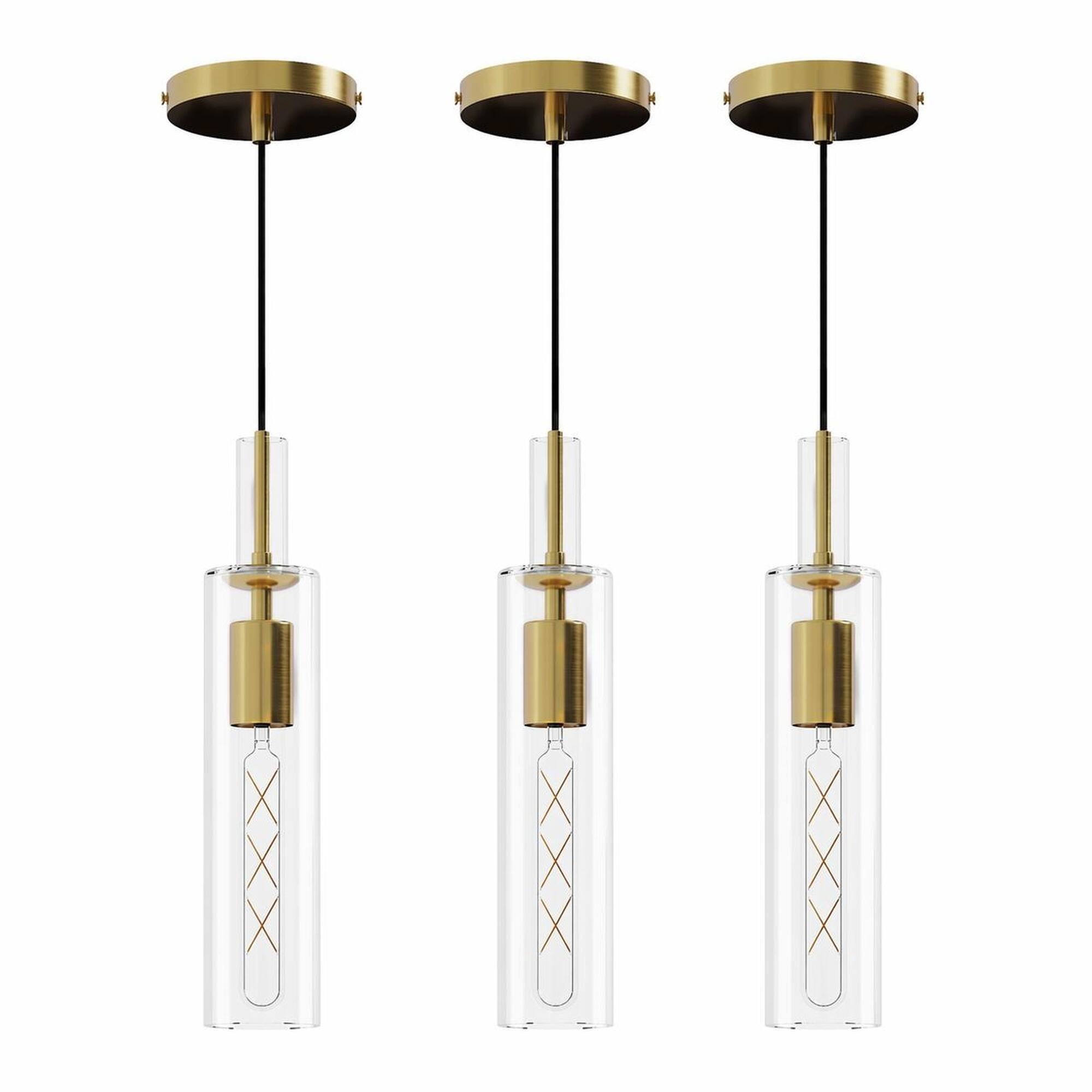 RYHNUYNE - Set of 3 Gold Pendant Lights with Clear Ribbed Glass Shades, Adjustable Ceiling Hanging Lamps for Kitchen Island