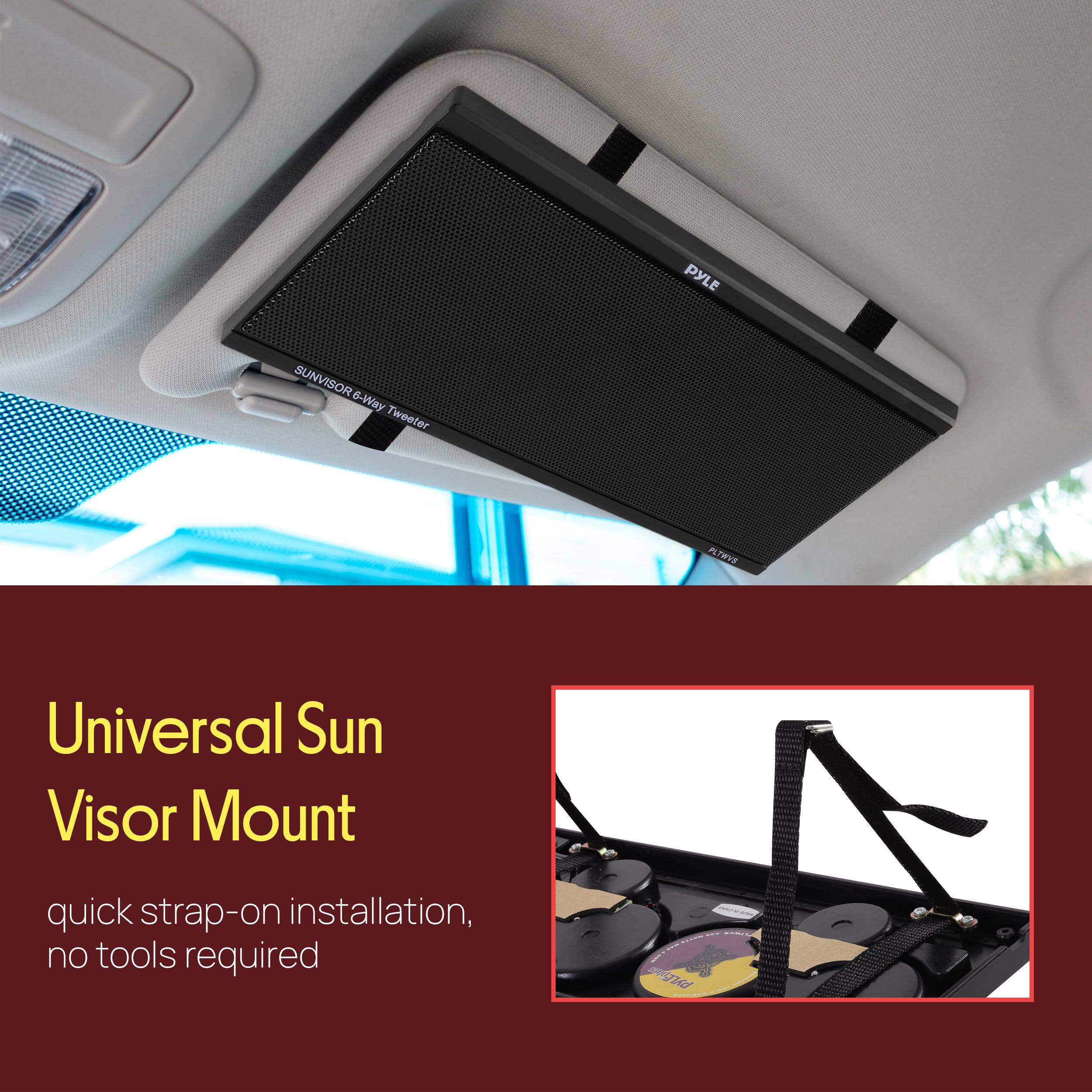 PYLE SUNVISOR 6-Way Tweeter PLTWYE Universal Sun Visor Mount quick strap-on installation, no tools required