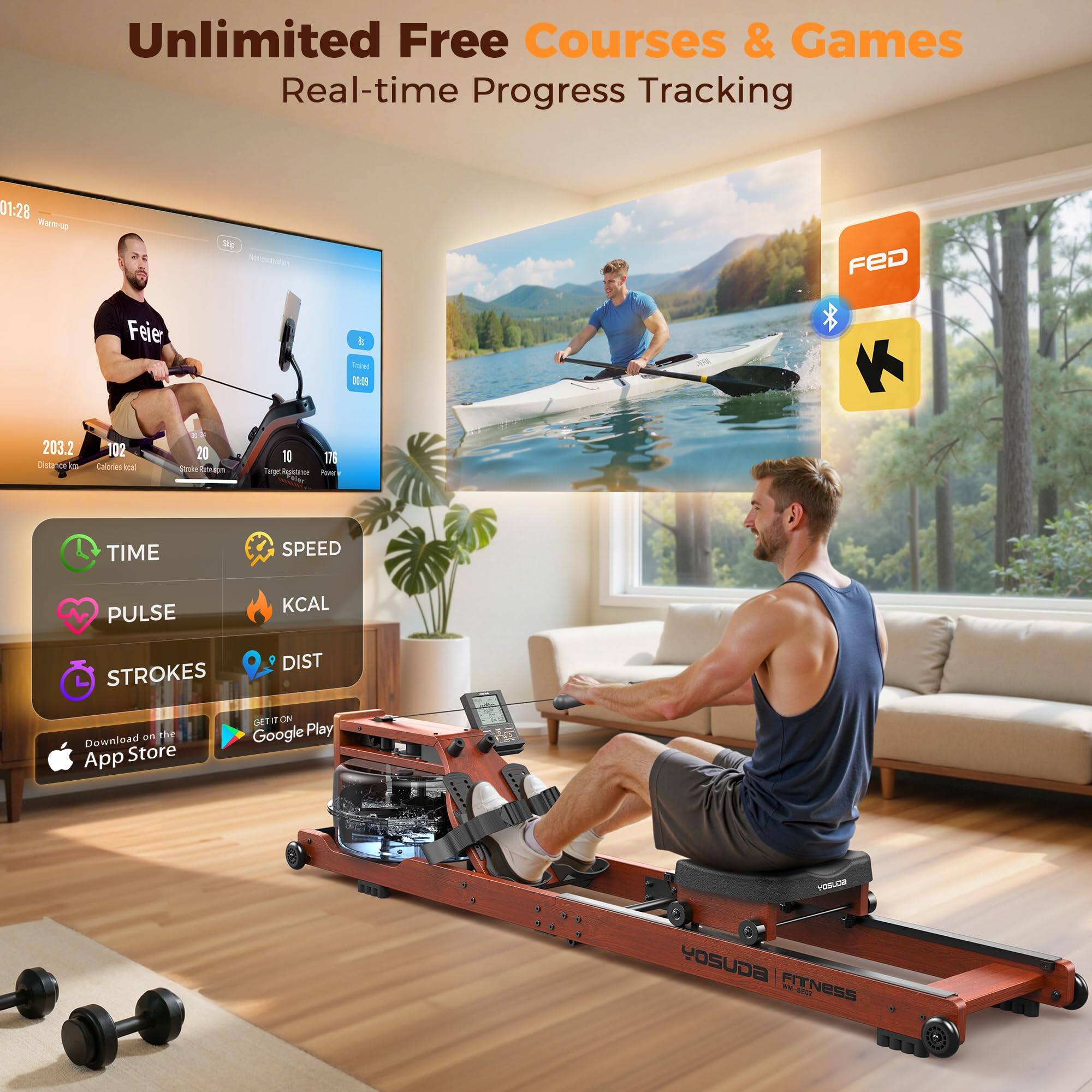 Unlimited Free Courses & Games  
Real-time Progress Tracking  

01:28  
Warm-up  

203.2  
Distance (m)  

102  
Calories (kcal)  

20  
Stroke Rate (spm)  

10  
Target Heart Rate  

708  
Strokes  

00:39  
Time  

FED  

TIME  
SPEED  
PULSE  
KCAL  
STROKES  
DIST  

Download on the App Store  
GET IT ON Google Play  

YOSUDA FITNESS