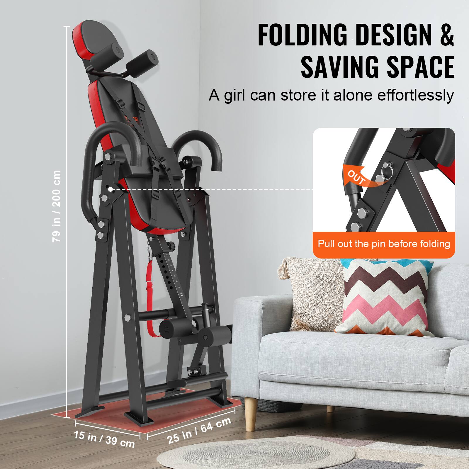 FOLDING DESIGN & SAVING SPACE  
A girl can store it alone effortlessly  

79 in / 200 cm  
15 in / 39 cm  
25 in / 64 cm  

Pull out the pin before folding