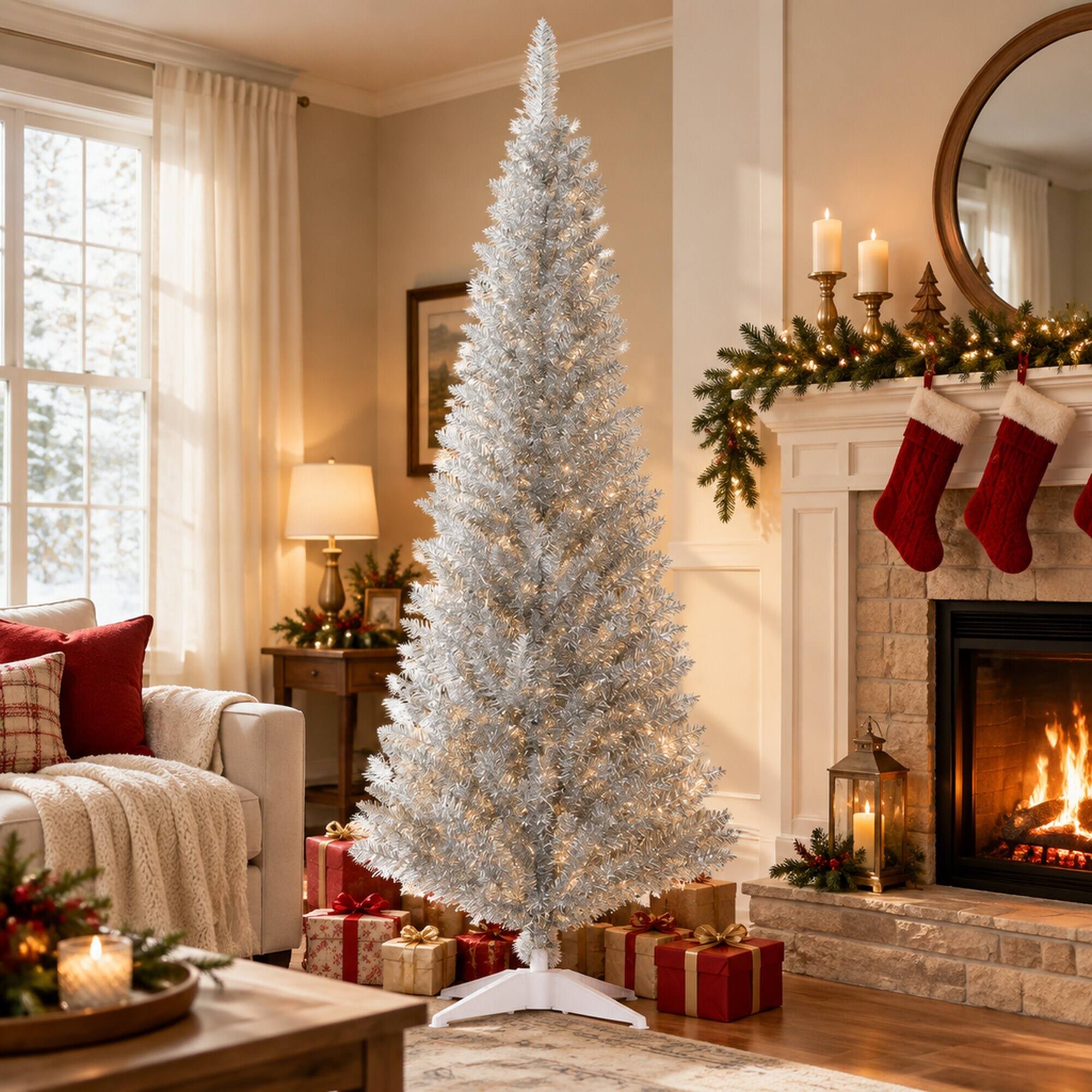 Angle. RYHNUYNE - 5 Ft Slim Pencil Silver Artificial Christmas Tree With 294 Realistic Tips, Plastic Base Easy Setup Holiday Decor - Silver.