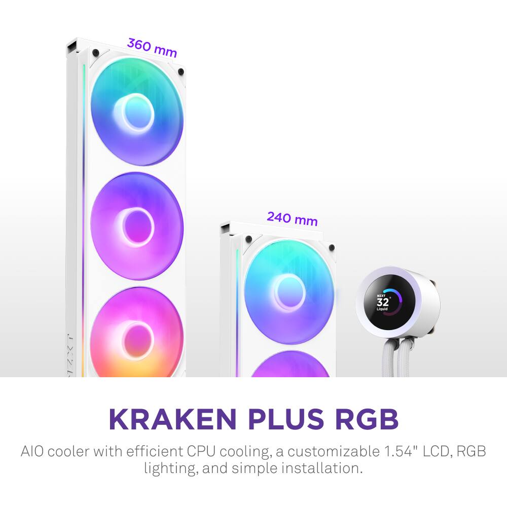 The image features a Kraken Plus RGB AIO cooler, which is a 360 mm x 240 mm kit. The cooler is designed to provide efficient CPU cooling and comes with a customizable 1.54" LCD, RGB lighting, and simple installation. The product is advertised as a 32-XZL cooler that offers a high-quality cooling solution for your computer.