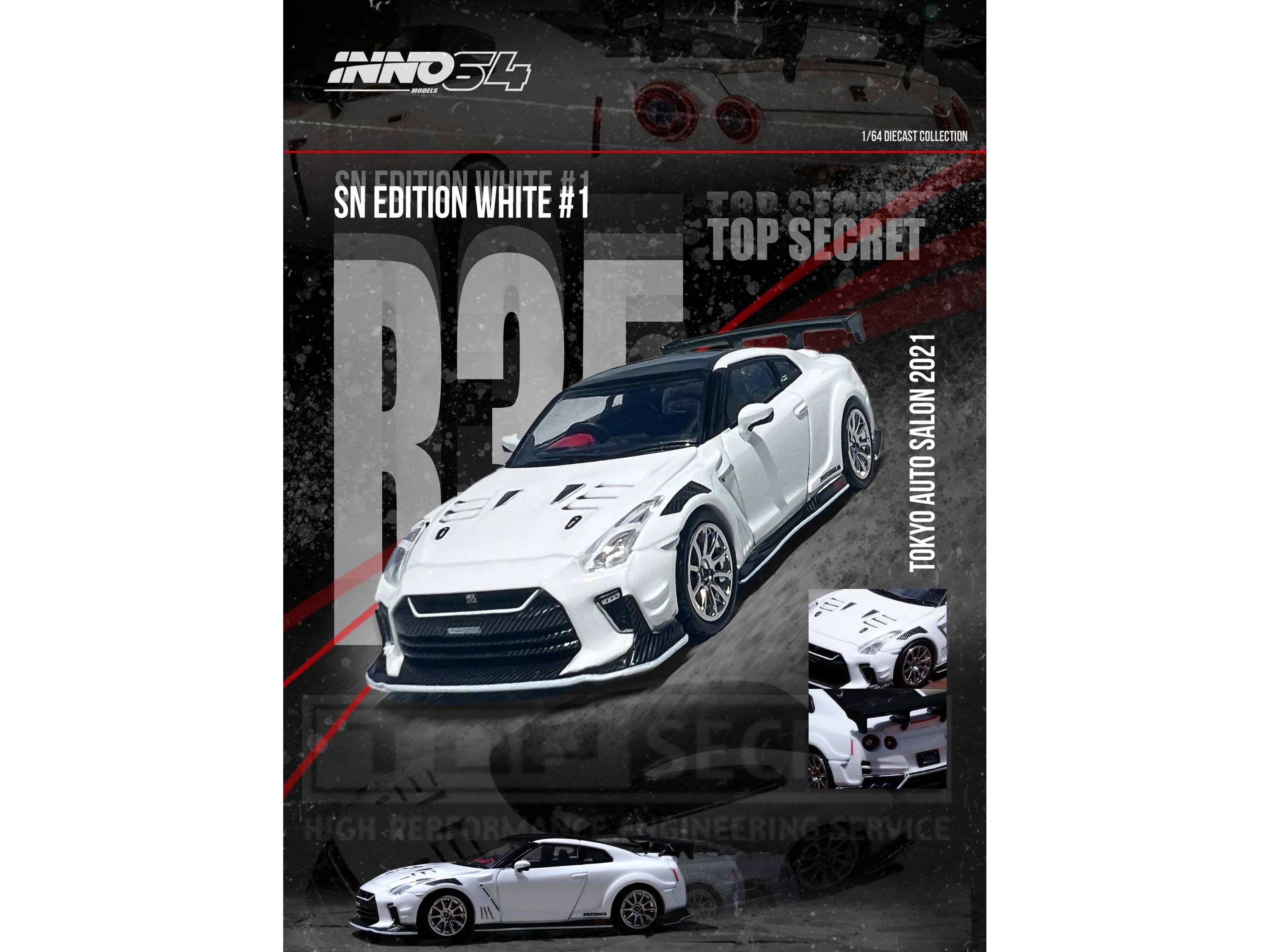 INNO34  
1/64 DIECAST COLLECTION  

SN EDITION WHITE #1  

TOP SECRET  
TOKYO AUTO SALON 2021  

HIGH PERFORMANCE ENGINEERING SERVICE