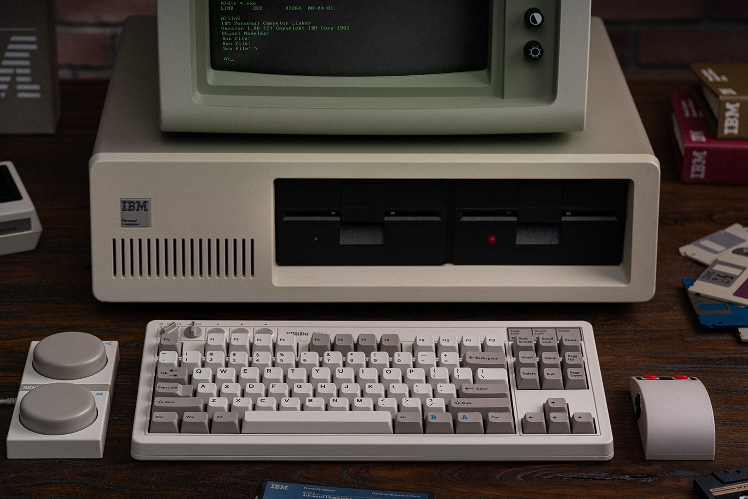 The text on the image reads:
"IBM Personal Computer Linker Version 1.0 Copyright 1981 Corp. Object Modules and File: Run File: EAN File! IBM Personal Computer T.R.A.F. File: FS.FS ... F1S ... F1 C u I Scal - Case - I/O ... Mackipacd then trsume Page V - Pa a Q W E R T Y U I O P E 1 I I Salata ... Page C KRI LOS A S D F G H J K L . .OE .. Z x C V M - - T 2 ... - .T - J IBM Personal Computer."
This text is likely related to the old computer system, as it contains references to IBM and the Personal Computer Linker.