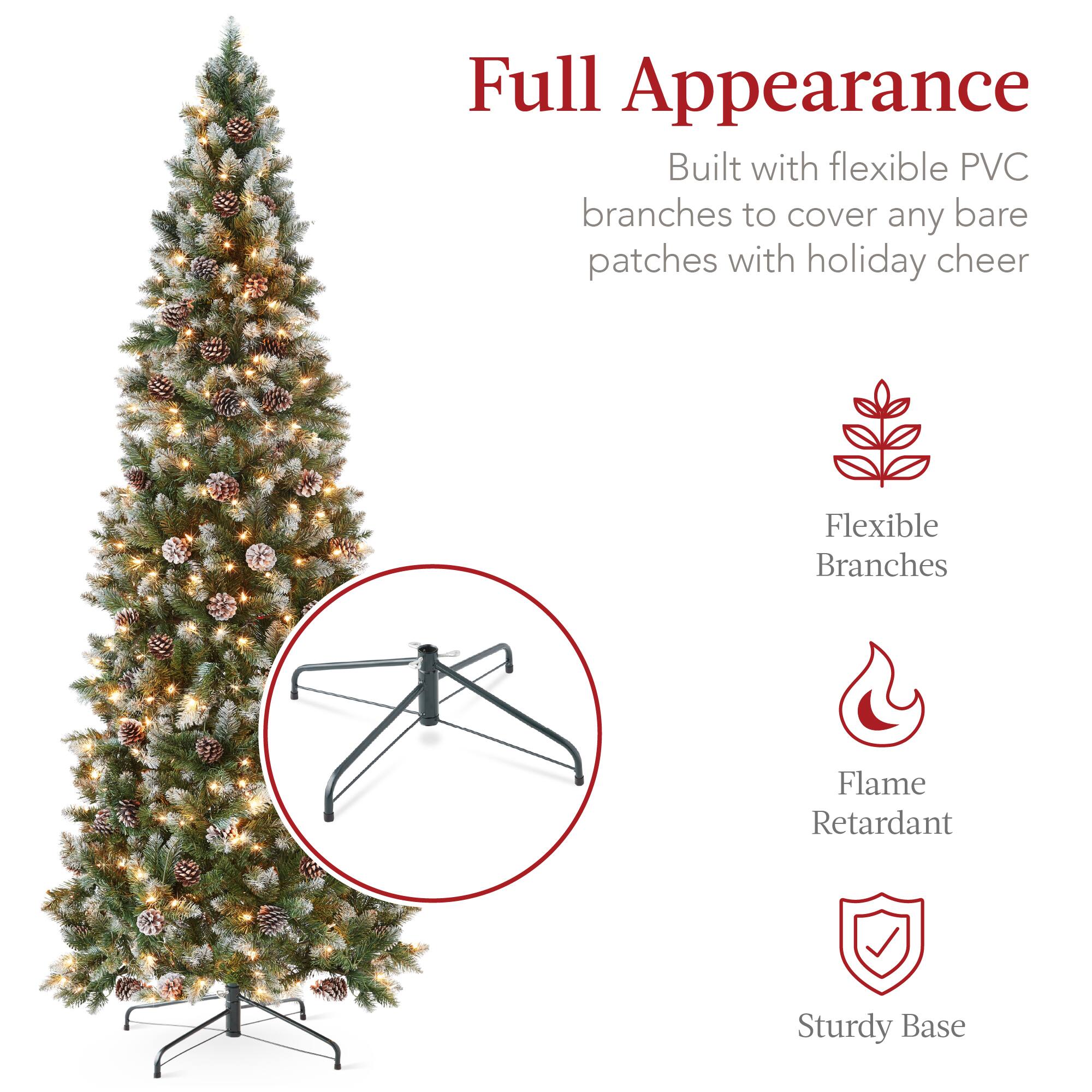 Full Appearance: Built with flexible PVC branches to cover any bare patches with holiday cheer. Features: Flexible branches, Flame retardant, Sturdy base.