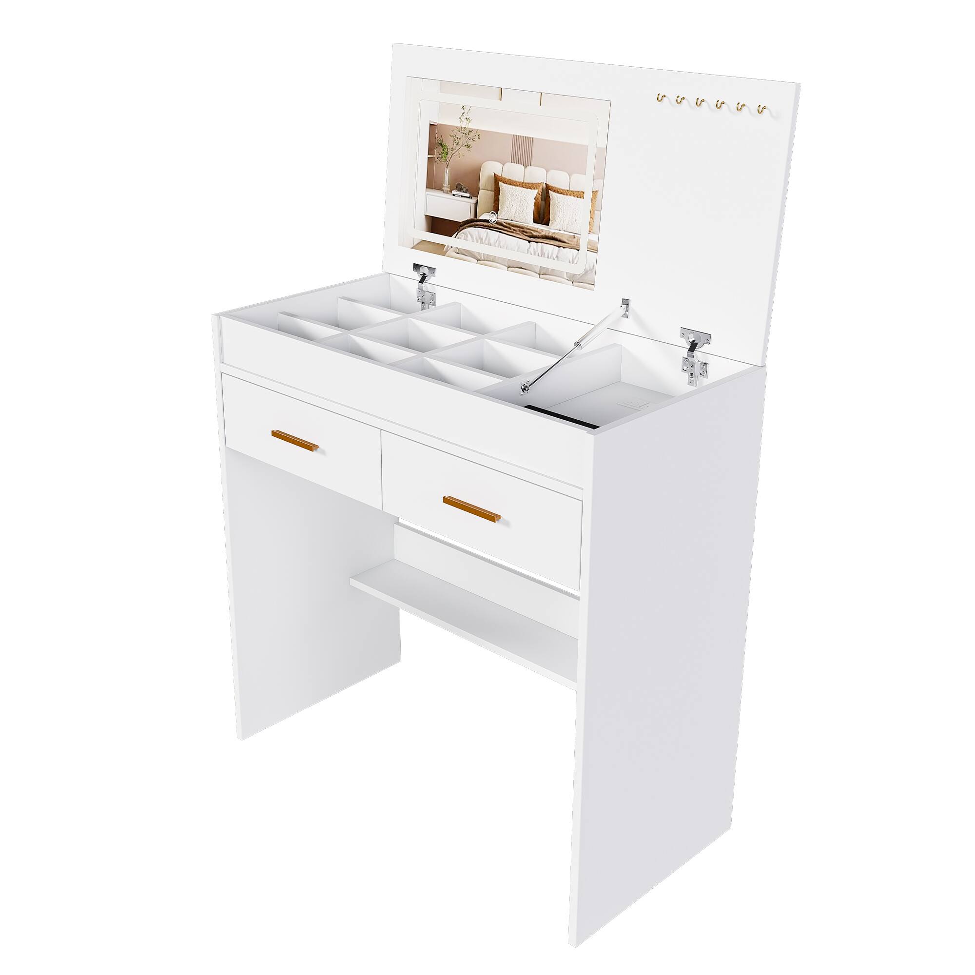Angle. COWLOWN - Flip Top Vanity Desk LED Lighted Mirror Outlet 2 Drawers Storage Jewelry Hooks No Stool White - White.