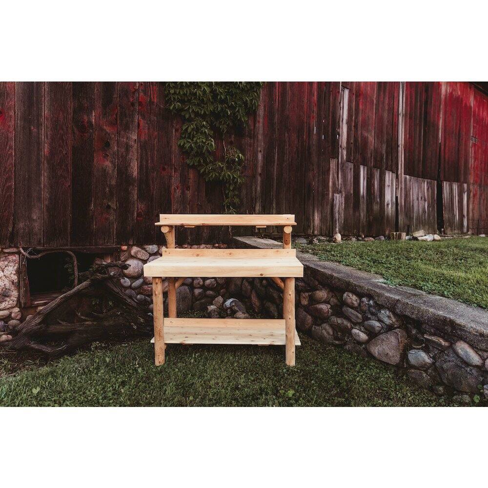 Alt View 3. Contoured Comfort - Cedar Log 4 Foot Potting Table.