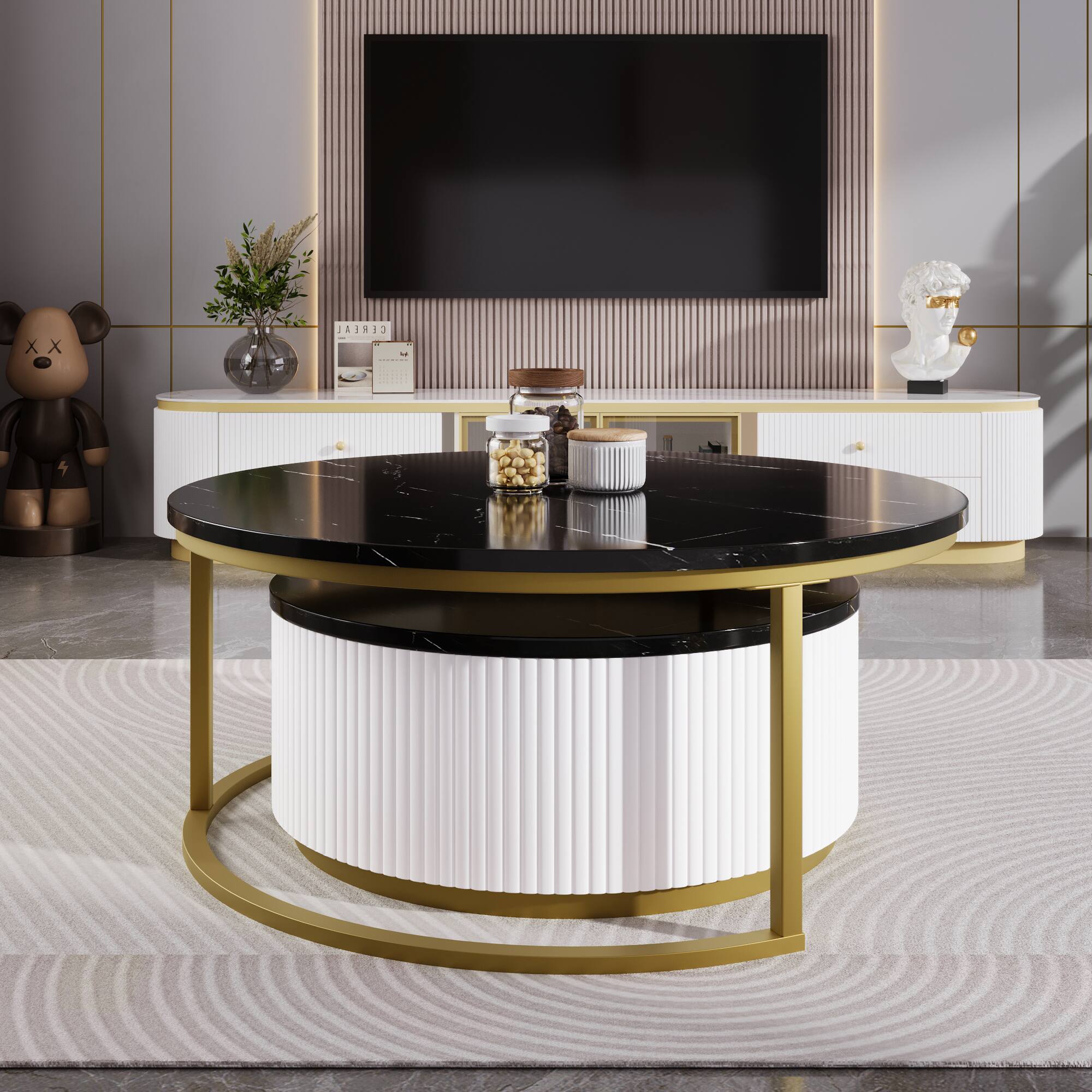 Angle. Tiramisubest - Modern Round Nesting Coffee Table Fluted with Drawer in Black & Gold in 27.6" - Black.