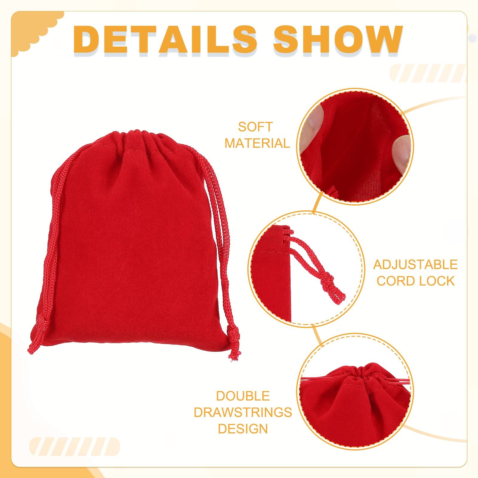 DETAILS SHOW

- SOFT MATERIAL
- ADJUSTABLE CORD LOCK
- DOUBLE DRAWSTRINGS DESIGN