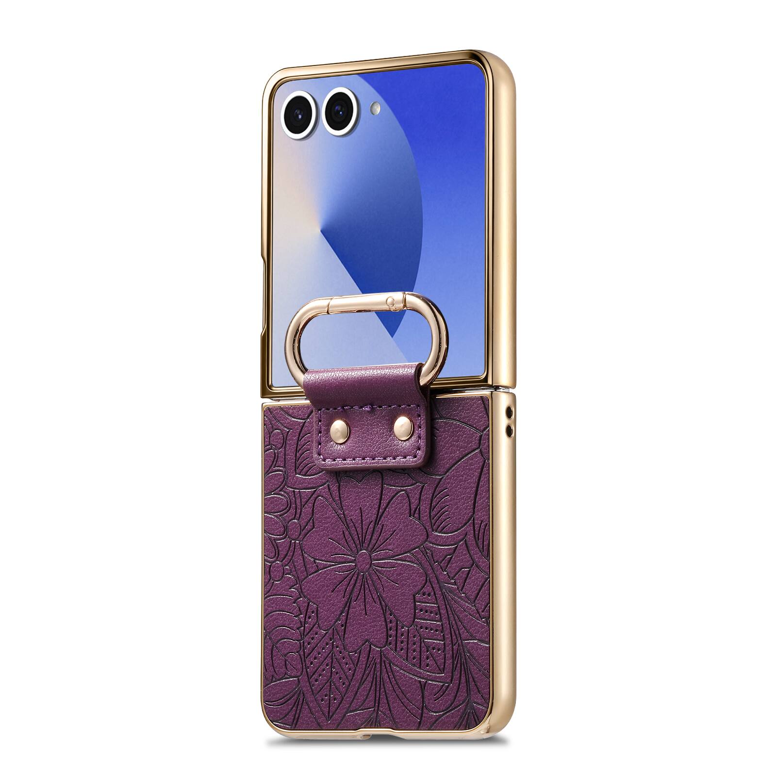 Left. Dteck - Shockproof Floral Leather Texture Case for Samsung Galaxy Z Flip8, Electroplated Rigid Plastic Cover with Ring Holder - Purple.