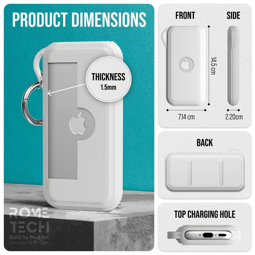 PRODUCT DIMENSIONS

FRONT
- THICKNESS: 1.5mm
- HEIGHT: 14.5 cm
- WIDTH: 7.14 cm

SIDE
- THICKNESS: 2.20 cm

BACK

TOP CHARGING HOLE

ROME TECH
Built to Protect
Designed to Perform