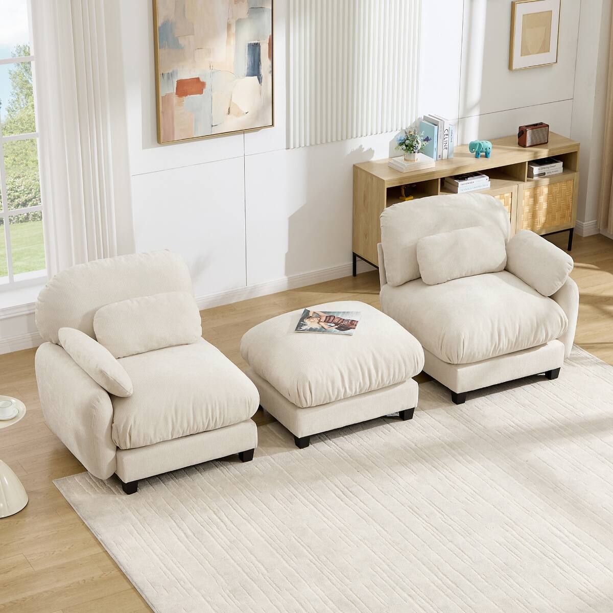 Alt View 1. Ropilly - Ropilly 2 Seater L Shaped Sofa with Removable Ottoman, Beige Chenille Modular Couch Set - Beige.