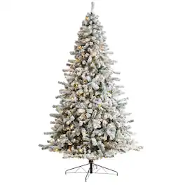 BreeBe - 10' Flocked Rock Springs Spruce Christmas Tree with 800 LED - White, Green
