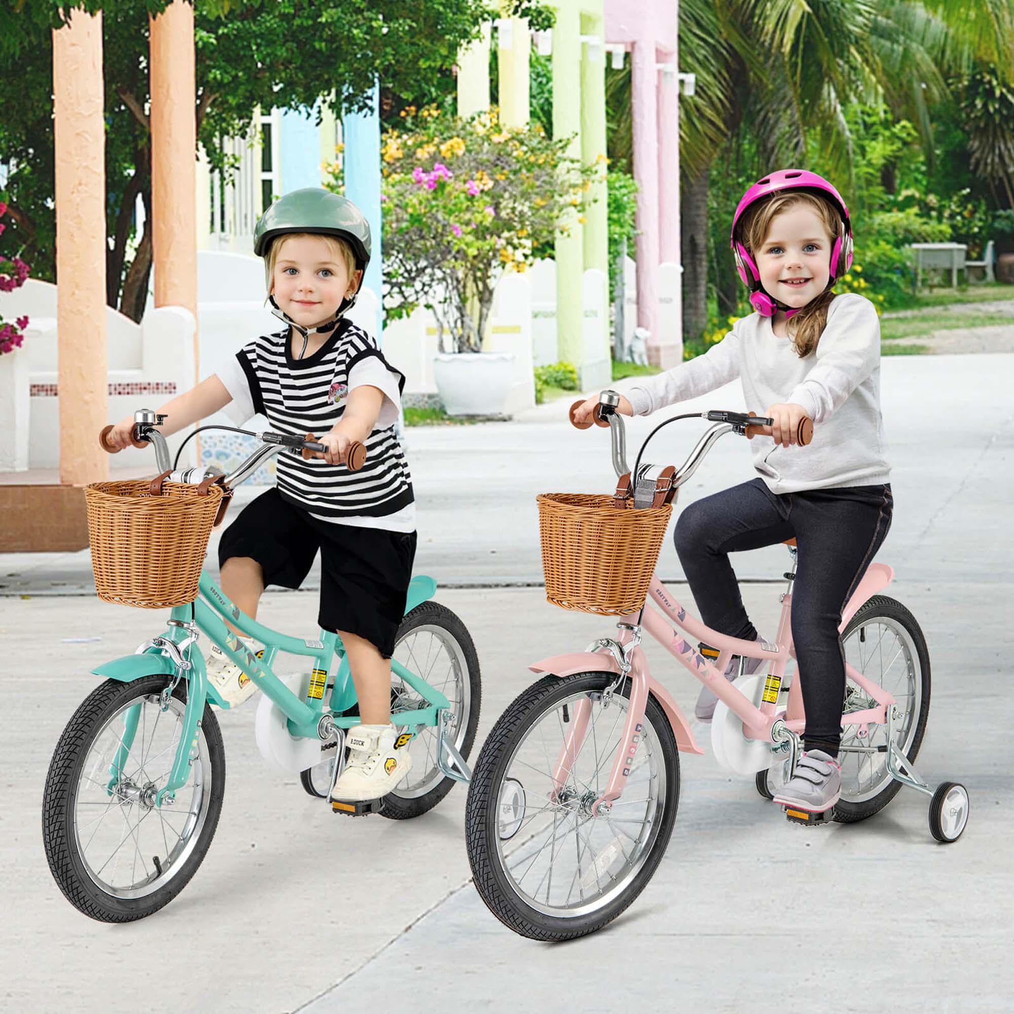 Alt View 3. Costway - Costway 18" Kids Bike with Height Adjustable Handlebar Seat Basket Bell Training Wheels - Pink.