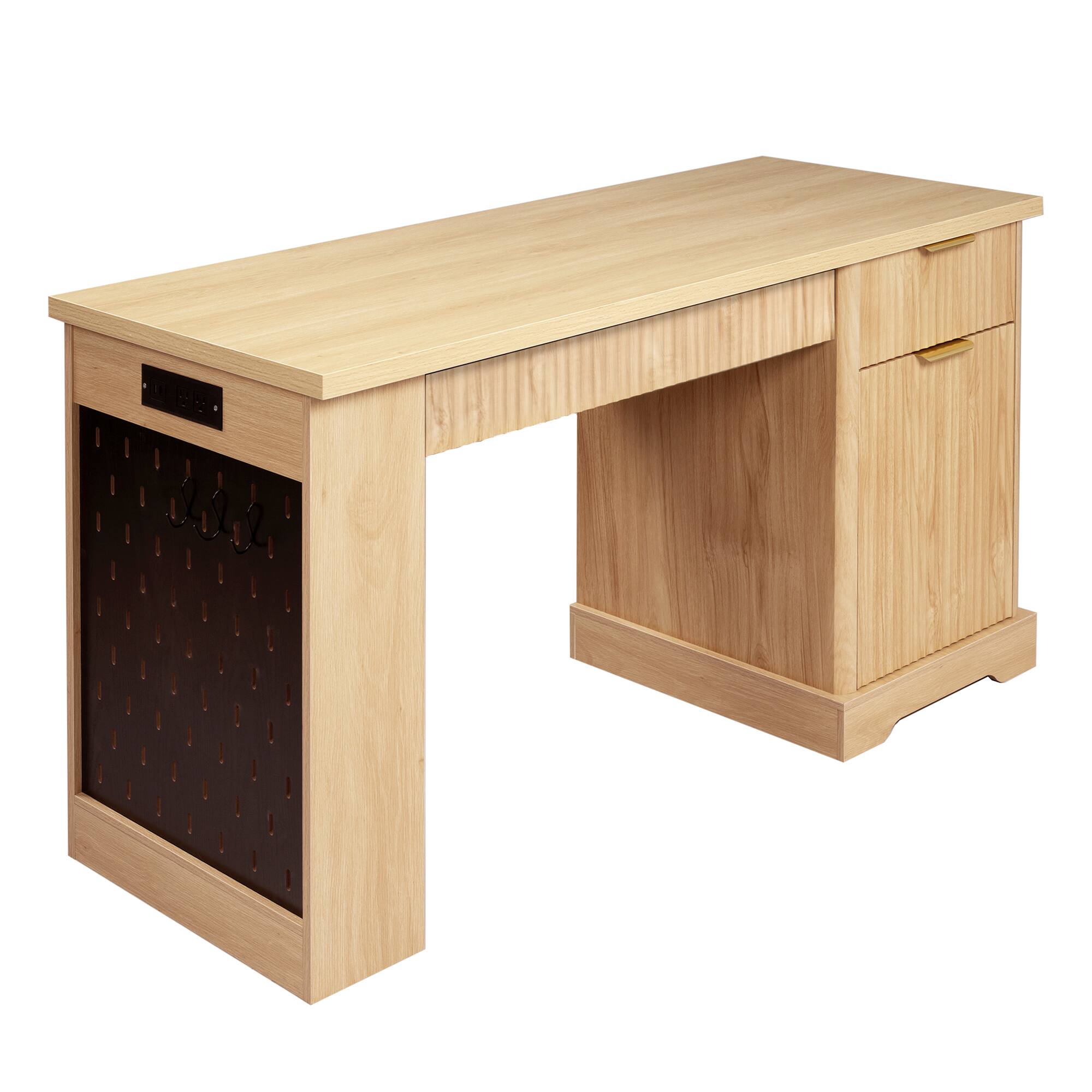 Alt View 10. Loheer - Loheer Office Desk with Storage, 55 Inch Light Oak Computer Desk with Drawers, Cabinet, Power Outlet - Light Oak.