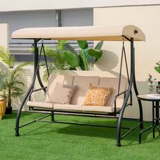 Front. Costway - Costway Converting Outdoor Swing Canopy Hammock 3 Seats Patio Deck Furniture - beige.