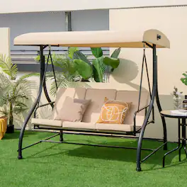 Costway - Converting Outdoor Swing Canopy Hammock 3 Seats Patio Deck Furniture - beige