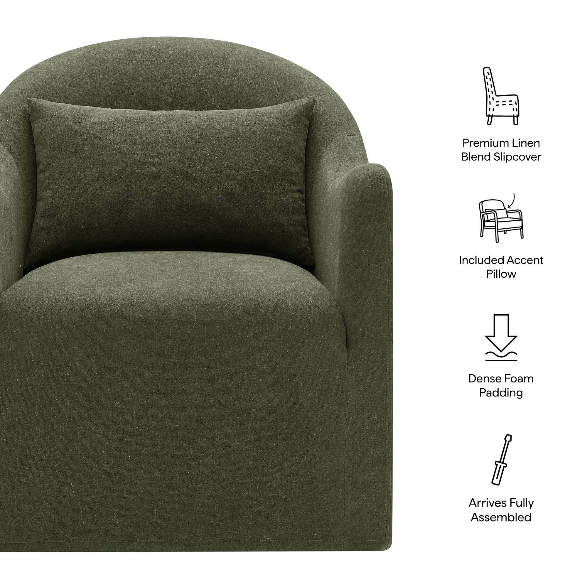 1. Premium Linen Blend Slipcover
2. Included Accent Pillow
3. Dense Foam Padding
4. Arrives Fully Assembled