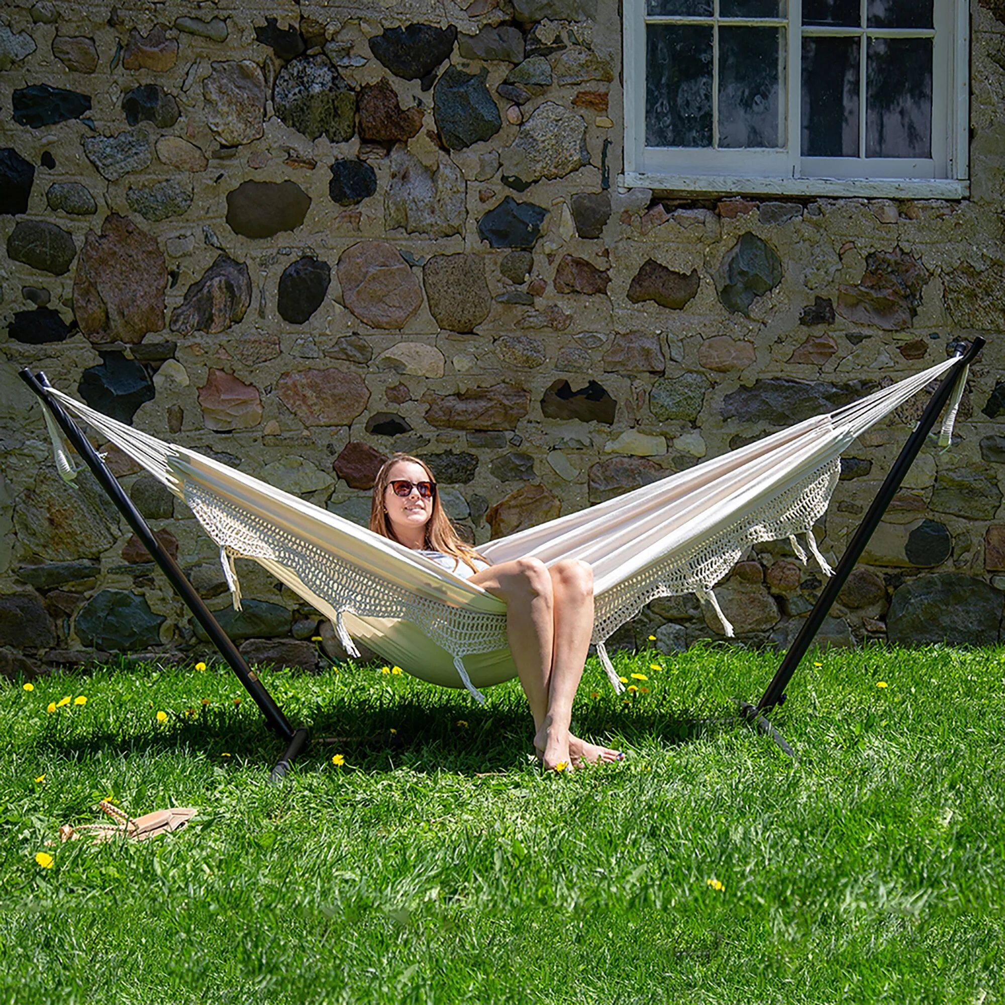 Alt View 3. Vivere - Vivere Double Cotton Hammock, Comfortable Daybed with Steel Stand, 9', Natural - Natural.