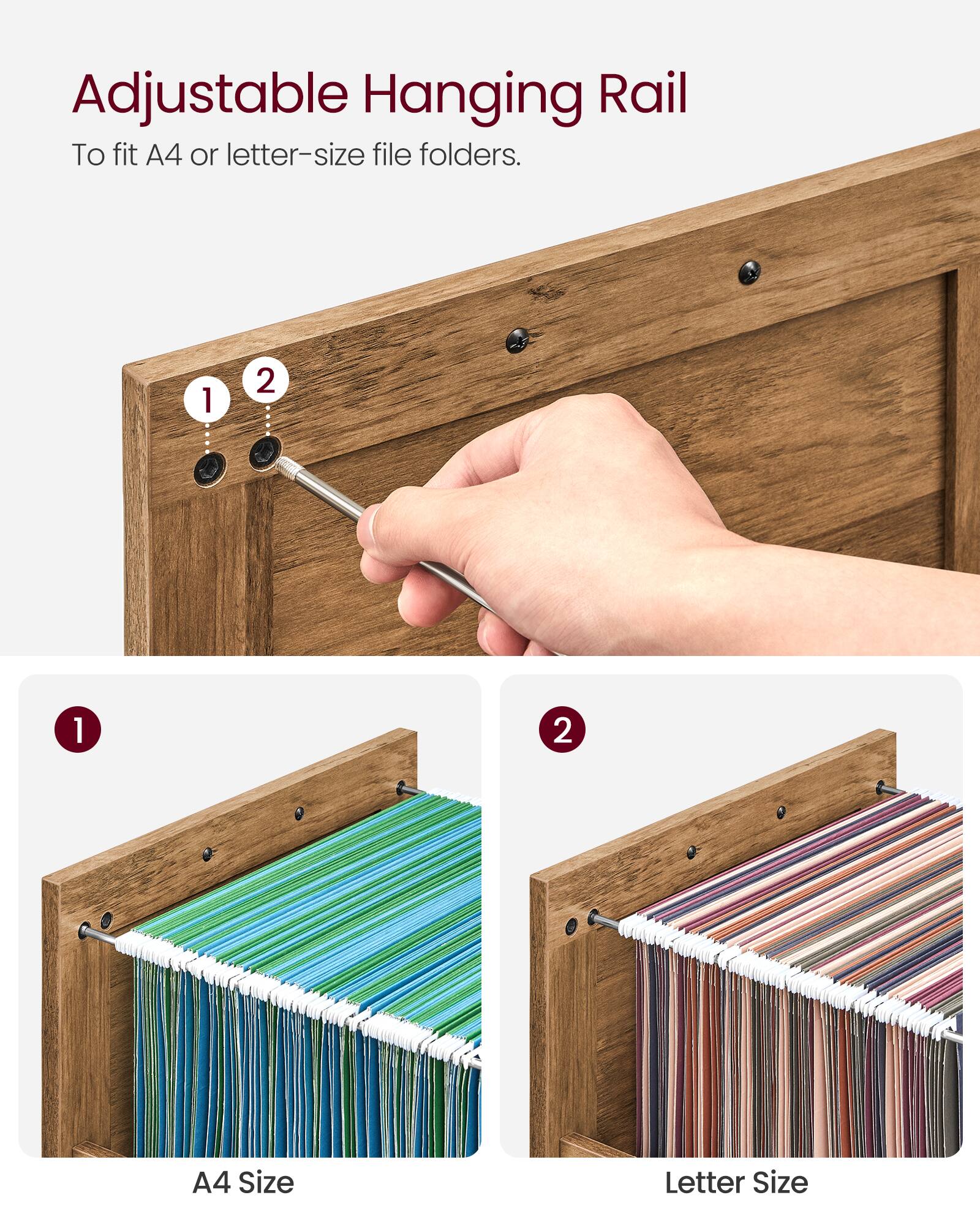 Adjustable Hanging Rail  
To fit A4 or letter-size file folders.

1. A4 Size  
2. Letter Size