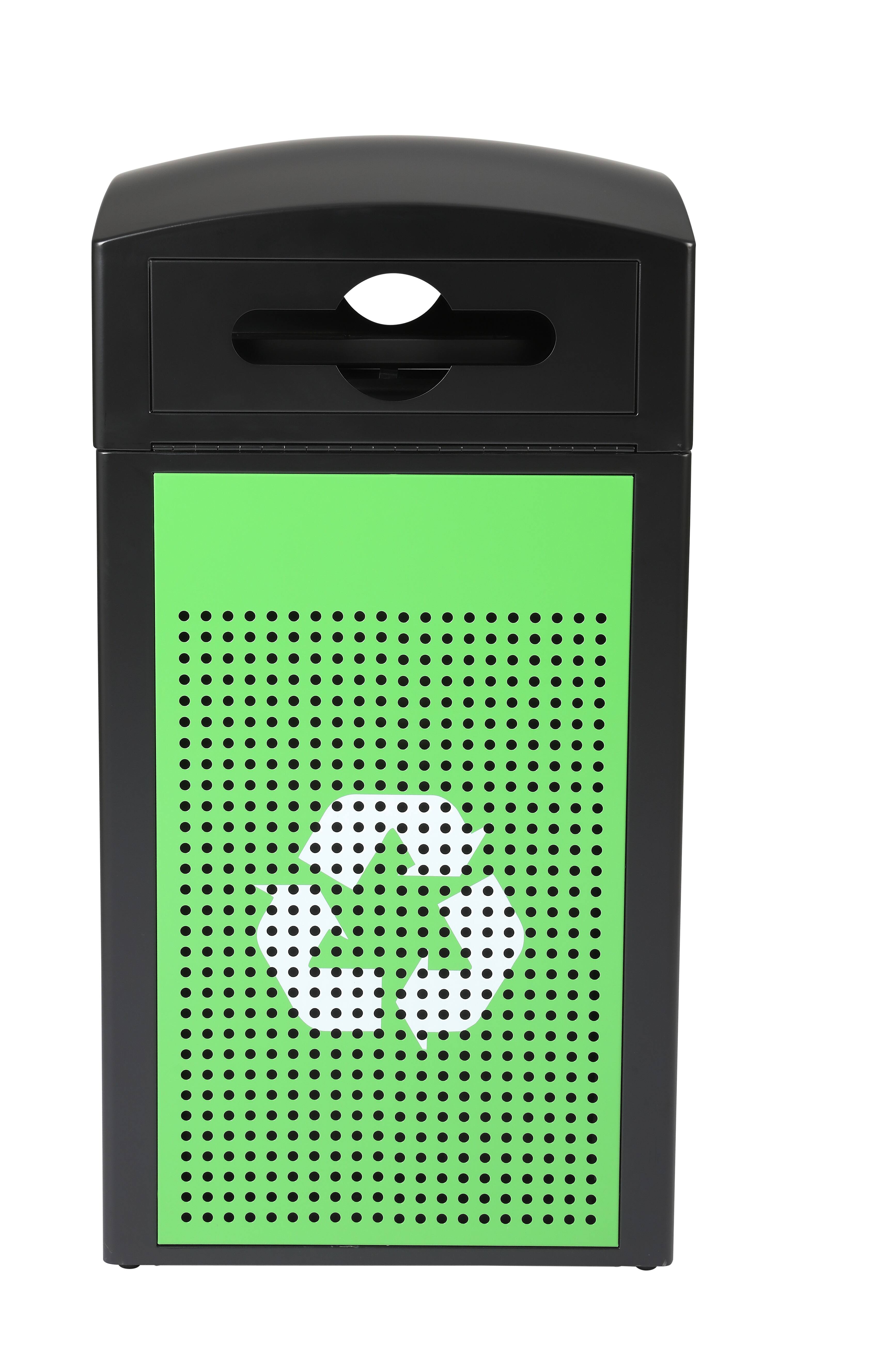 Front. Alpine Industries - 40 Gallon Steel Outdoor Commercial Recycling Trash Can with Dome Lid - Green - Mixed Opening Lid.
