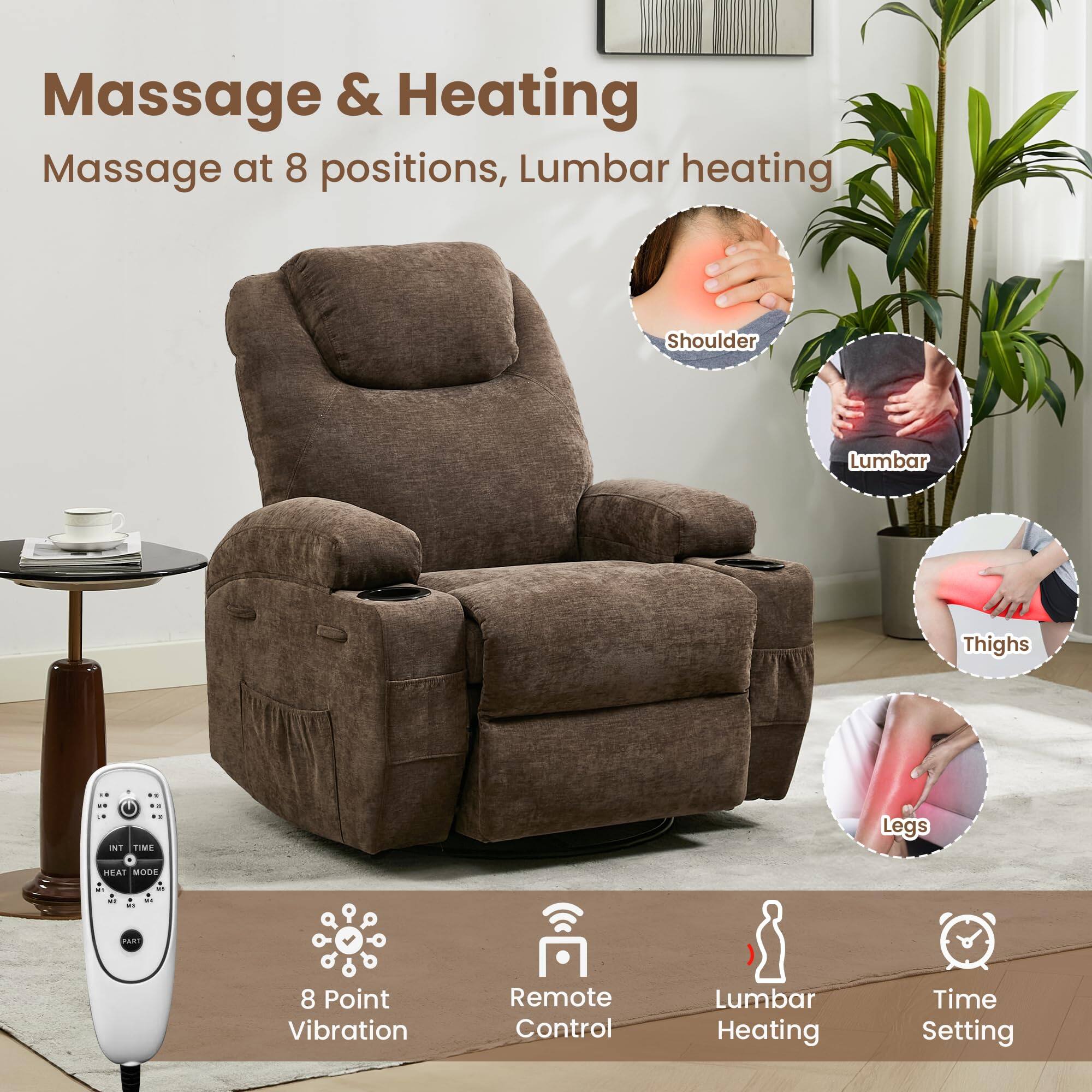 Massage & Heating  
Massage at 8 positions, Lumbar heating  

Shoulder  
Lumbar  
Thighs  
Legs  

8 Point Vibration  
Remote Control  
Lumbar Heating  
Time Setting