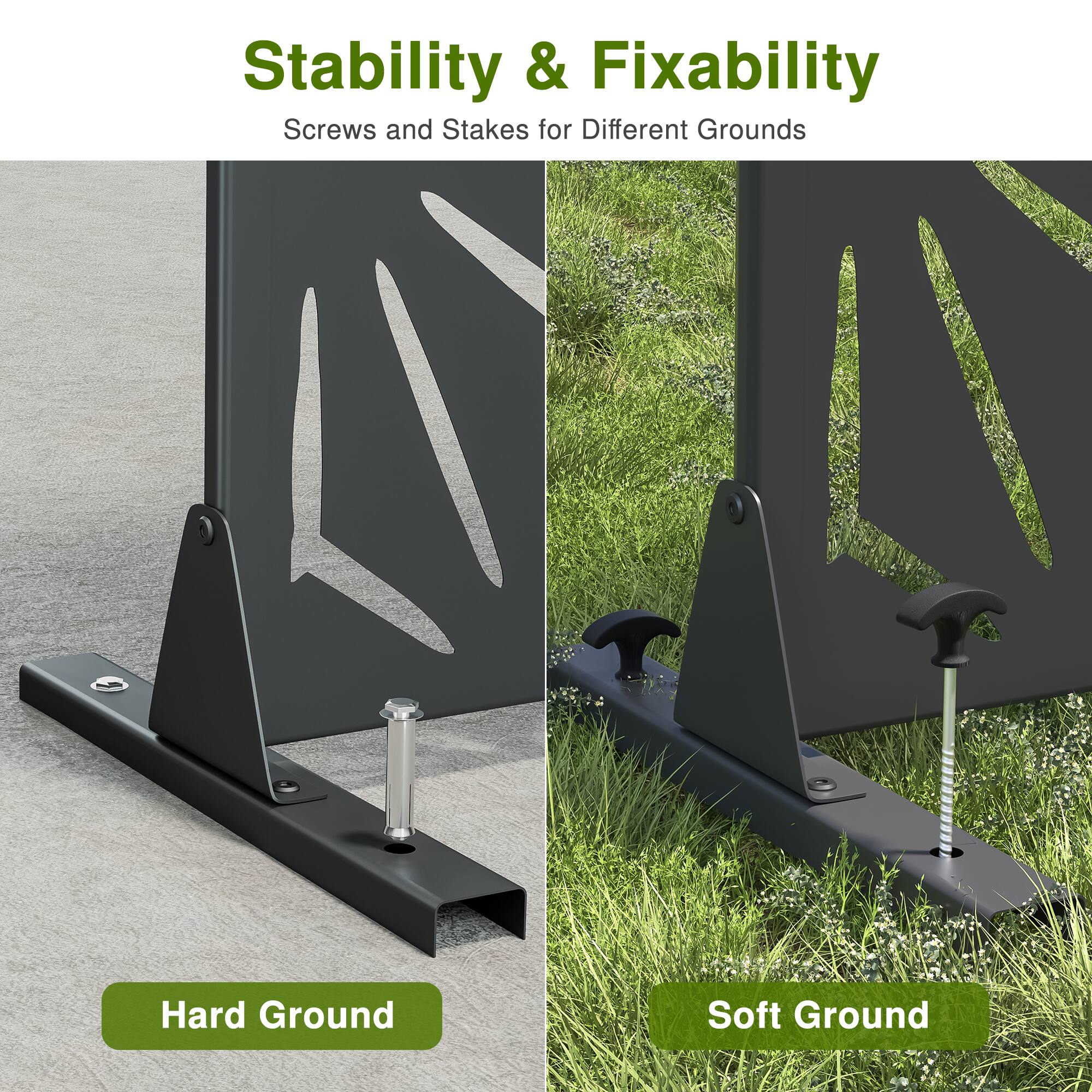 Stability & Fixability  
Screws and Stakes for Different Grounds  

Hard Ground  
Soft Ground