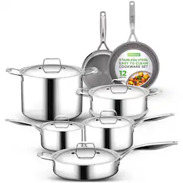 NutriChef - 12-Piece Kitchen Cookware Set, Non-Stick Coating, Ceramic Fry Pan, Stylish Kitchen Cookware (NCSSX45) - Stainless Steel