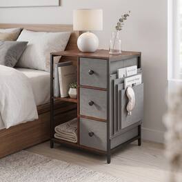 WELLFOR - Industrial Nightstand with Charging Station and Open Shelves - Rustic Brown