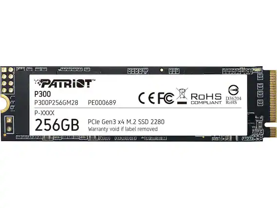 I7 q 0888 PATRIOT P300 ROHS P300P256GM28 PE000689 CEFC COMPLIANT D36204 RoHS P-XXXX PCle Gen3 x4 M.2 SSD 2280 256GB Warranty void if label removed