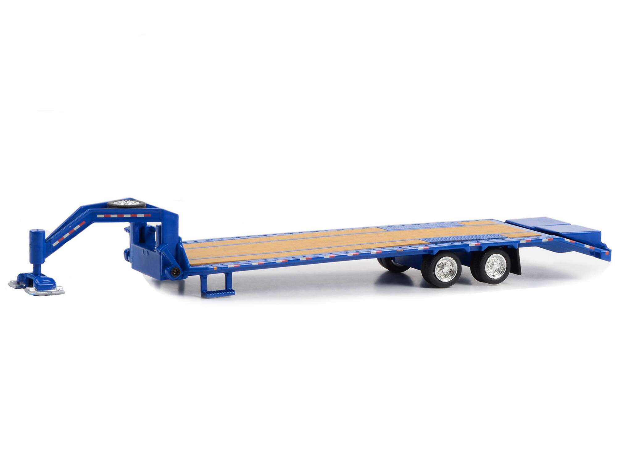 Angle. Greenlight - Gooseneck Trailer Blue with Red and White Conspicuity Stripes "Hobby Exclusive" Series 1/64 Diecast Model by Greenlight - Blue , Red and White.