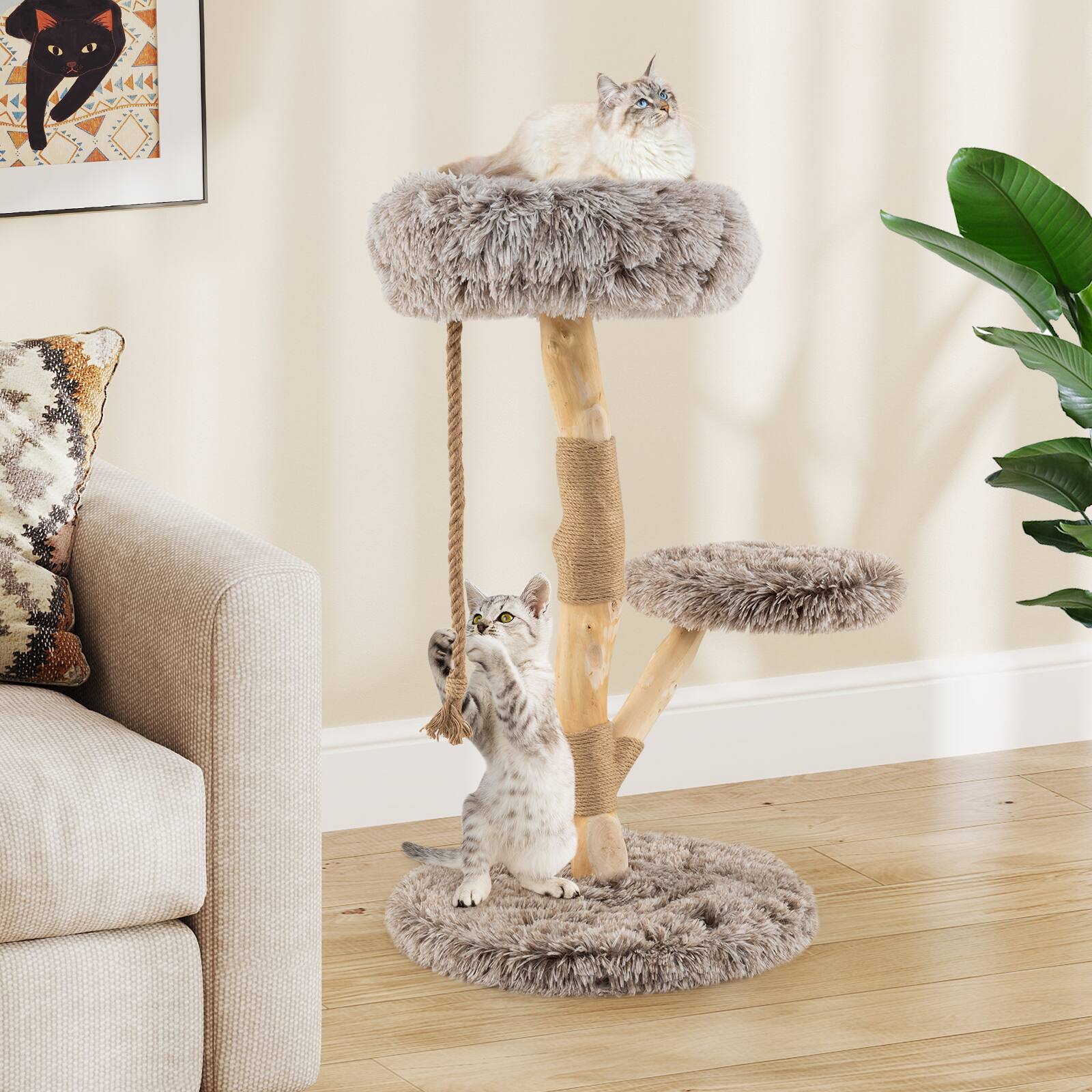 Alt View 1. Gymax - Gymax Solid Wood Cat Tower Modern Cat Scratching Tree w/Luxurious Perch Teasing Rope - GYM18388.
