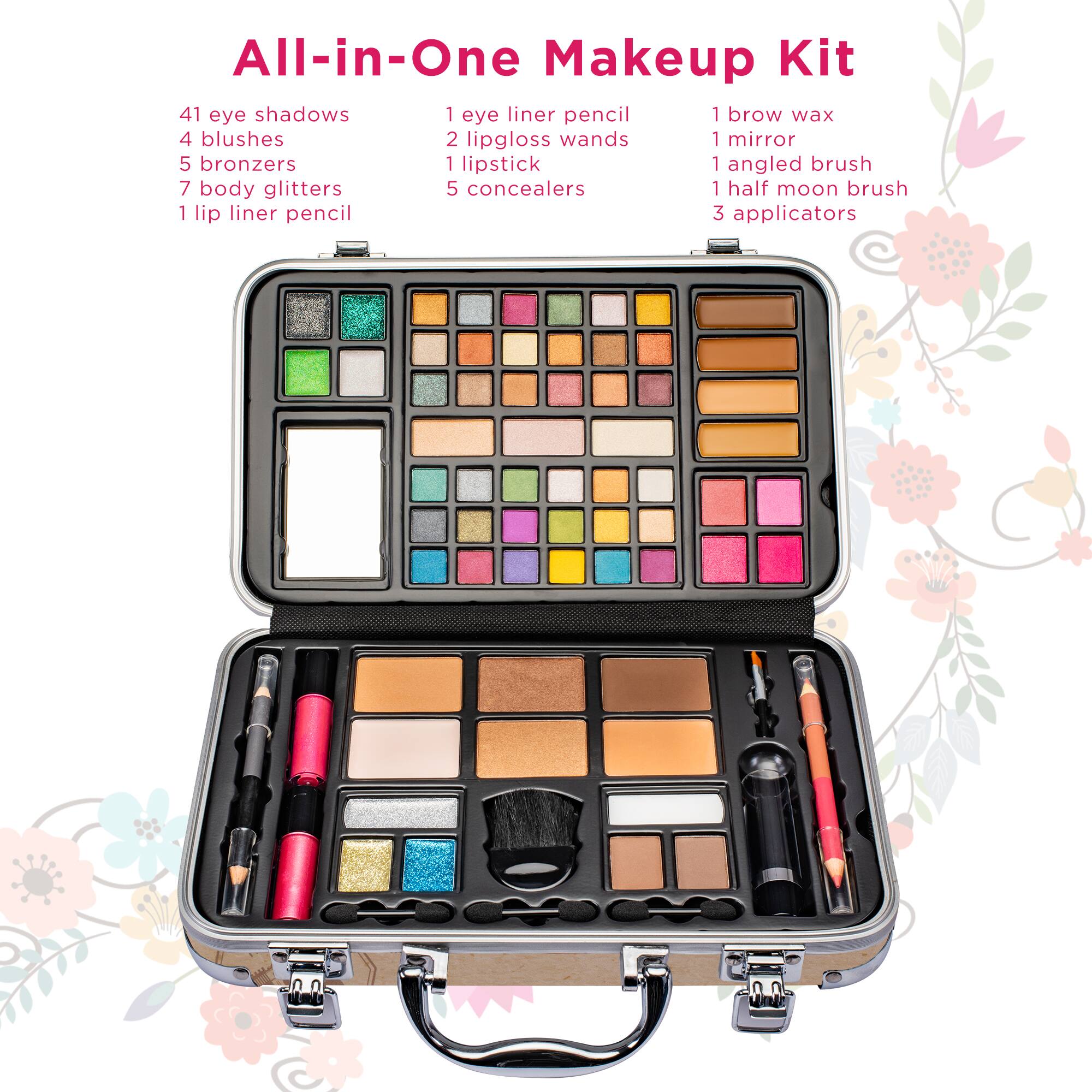 All-in-One Makeup Kit
41 eye shadows
4 blushes
5 bronzers
7 body glitters
5 concealers
1 eye liner pencil
1 brow wax
2 lipgloss wands
1 lipstick
1 angled brush
1 half moon brush
1 lip liner pencil
3 applicators