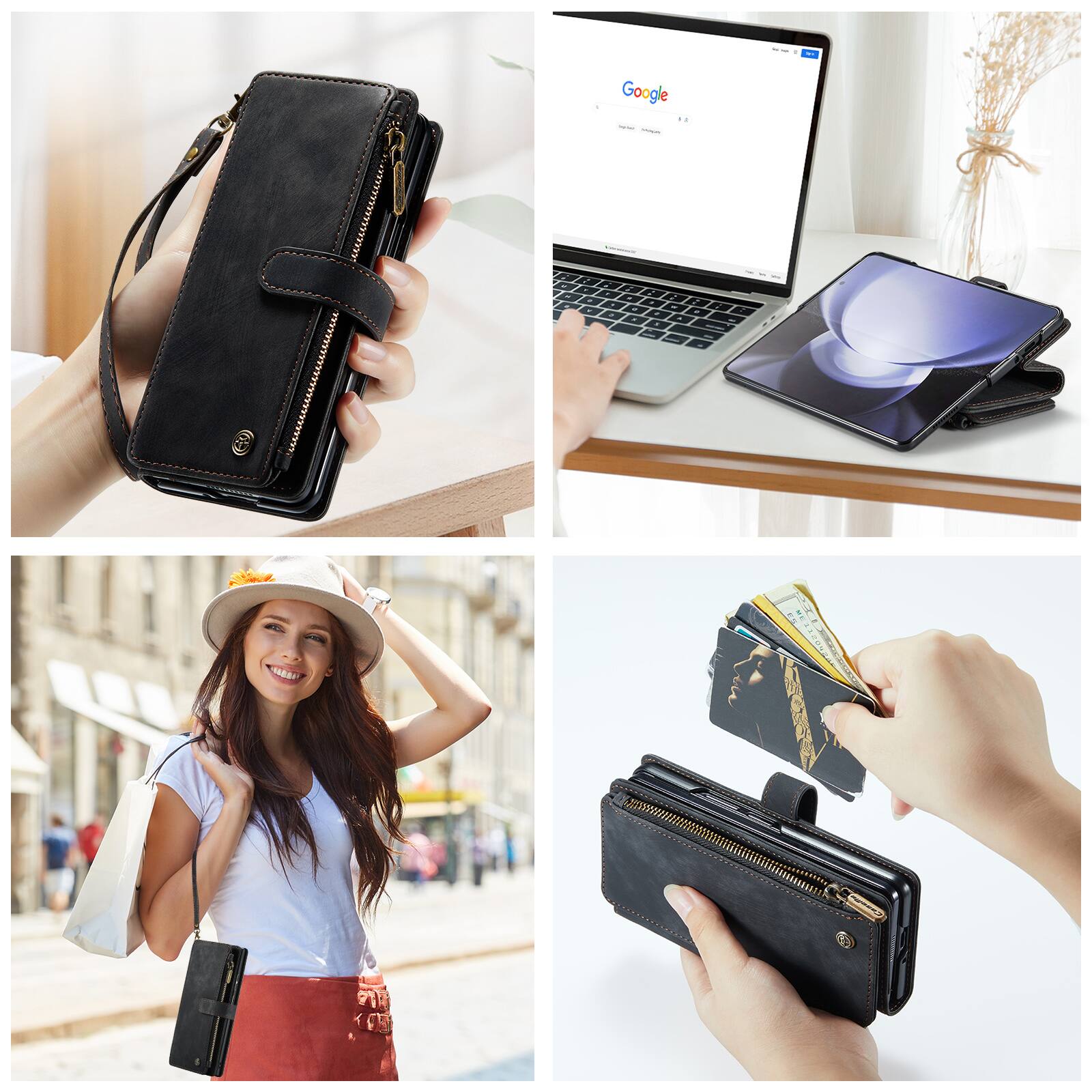 Left. Dteck - For Samsung Galaxy Z Fold6 Premium Leather Shockproof Purse Case with Credit Card Slots Zipper Pocket Cover + Wriststrap - Black.