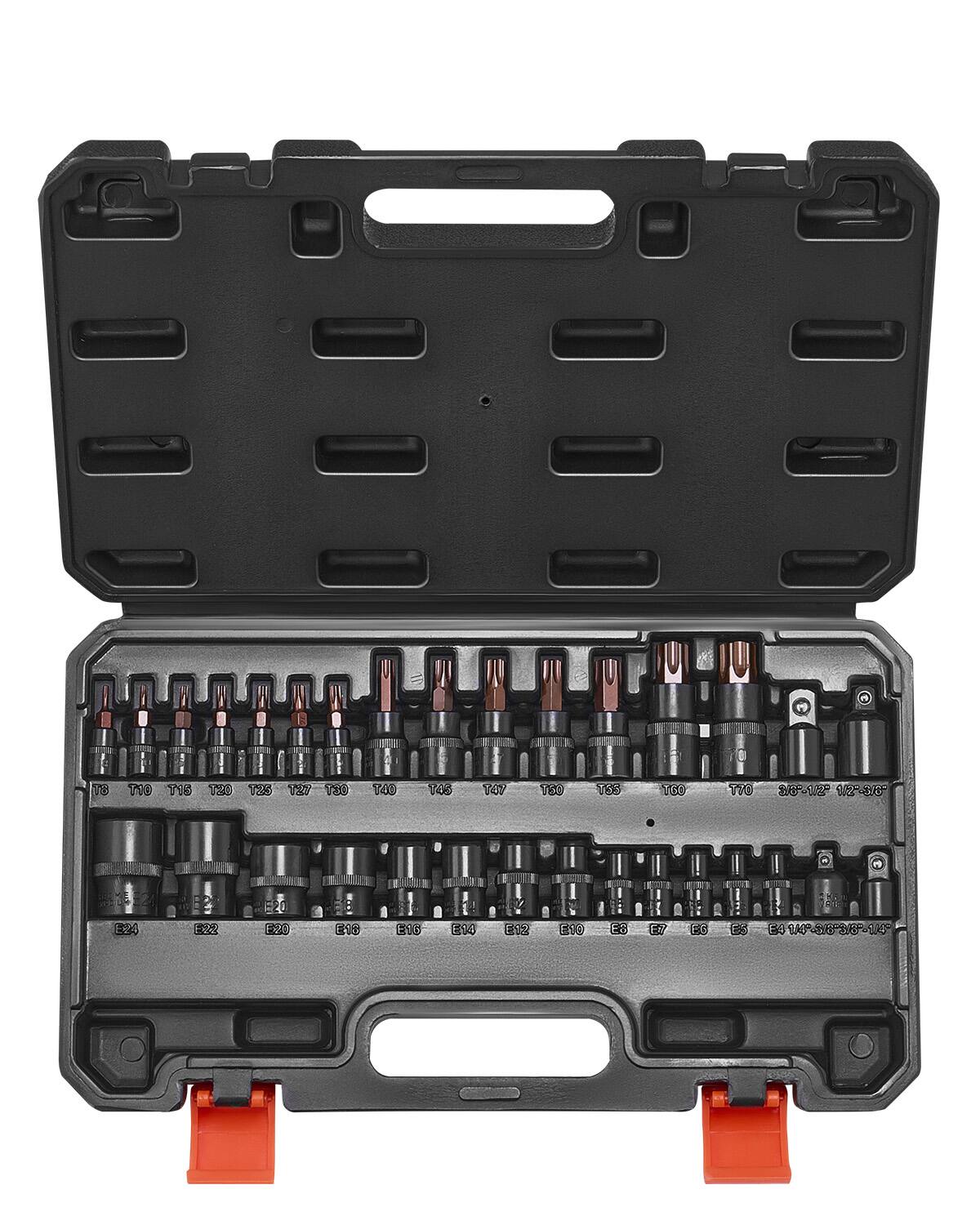 VEVOR - Torx Bit Socket and External Torx Socket Set, 31-Piece T8-T70 and E4-E24, S2 Alloy Steel and Cr-V Steel, 1/4 in, 3/8 in - Black