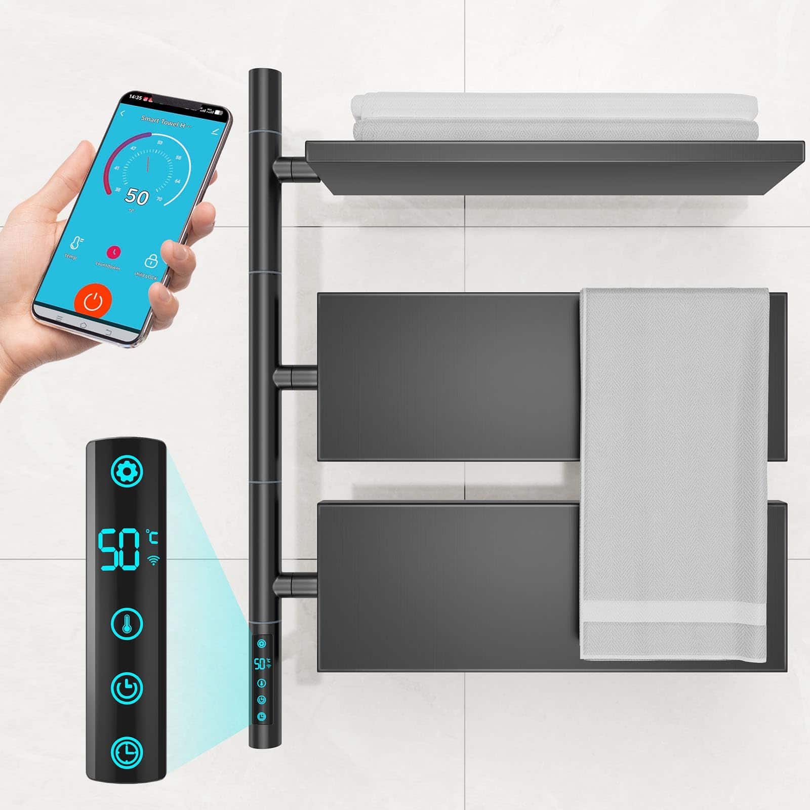 JETRANSPORT - Smart Heated Towel Racks For Bathroom Wall Mounted Electric Warmer With App Remote Control Timer & Memory - Black 3 Bars