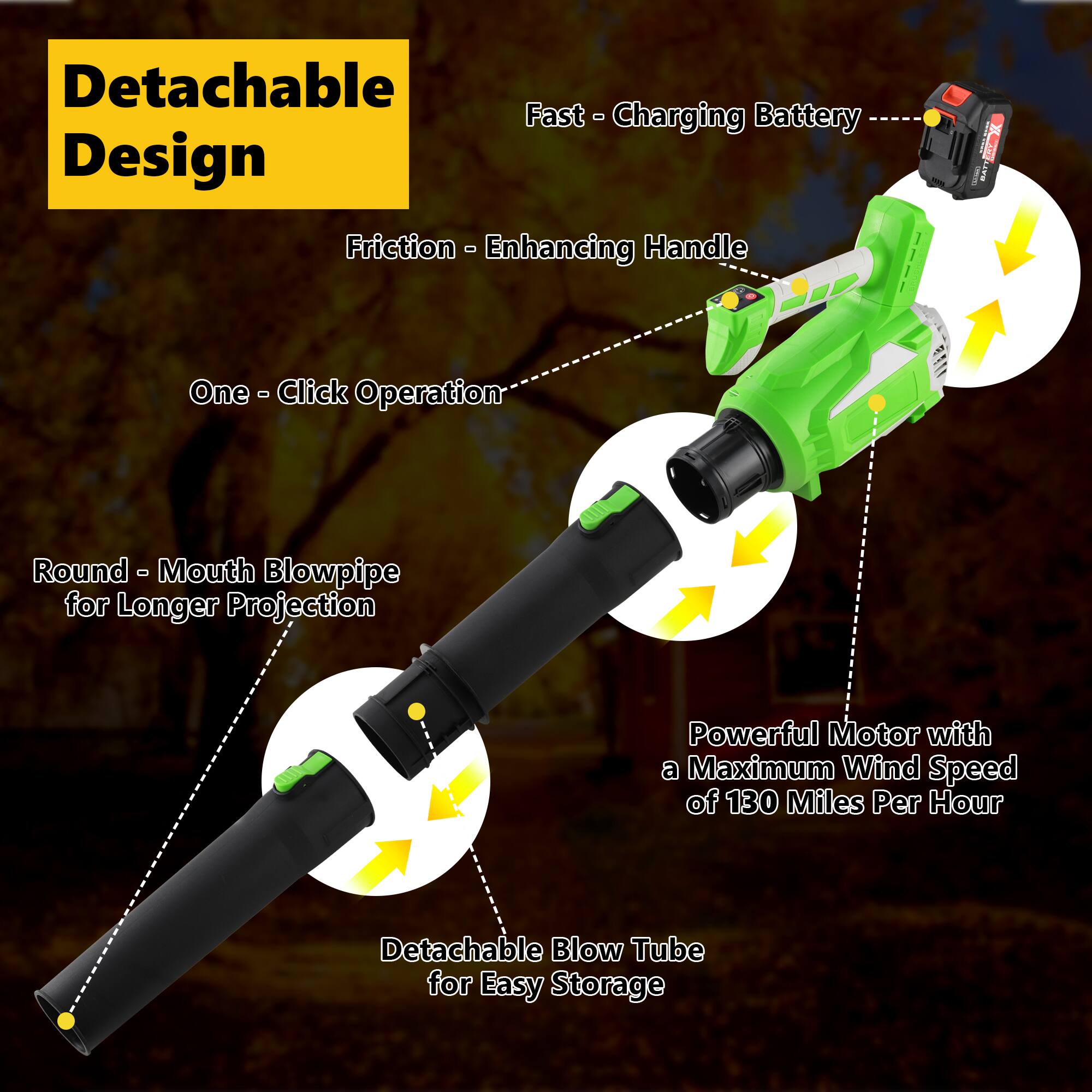 - Detachable Design
- Fast-Charging Battery
- Friction-Enhancing Handle
- One-Click Operation
- Round Mouth Blowpipe for Longer Projection
- Powerful Motor with a Maximum Wind Speed of 130 Miles Per Hour
- Detachable Blow Tube for Easy Storage