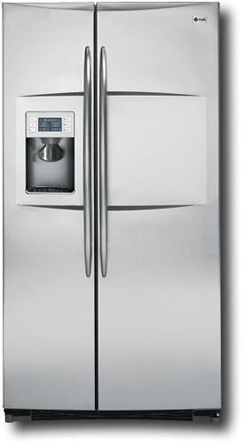 Front Standard. GE - 23.2 Cu. Ft. Counter-Depth Side-by-Side Refrigerator w/Thru-the-Door Ice & Water - Stainless-Steel.